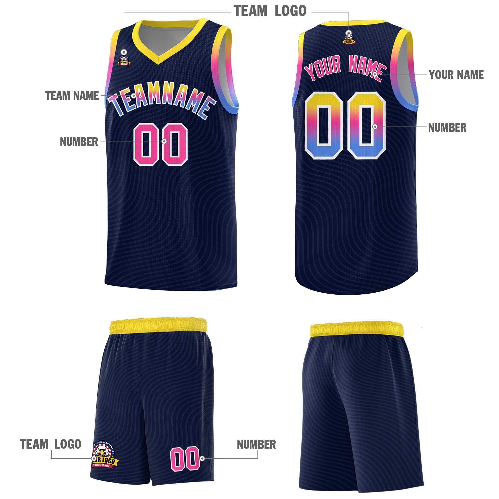 Custom Navy Gold Wave Pattern Sports Uniform Basketball Jersey