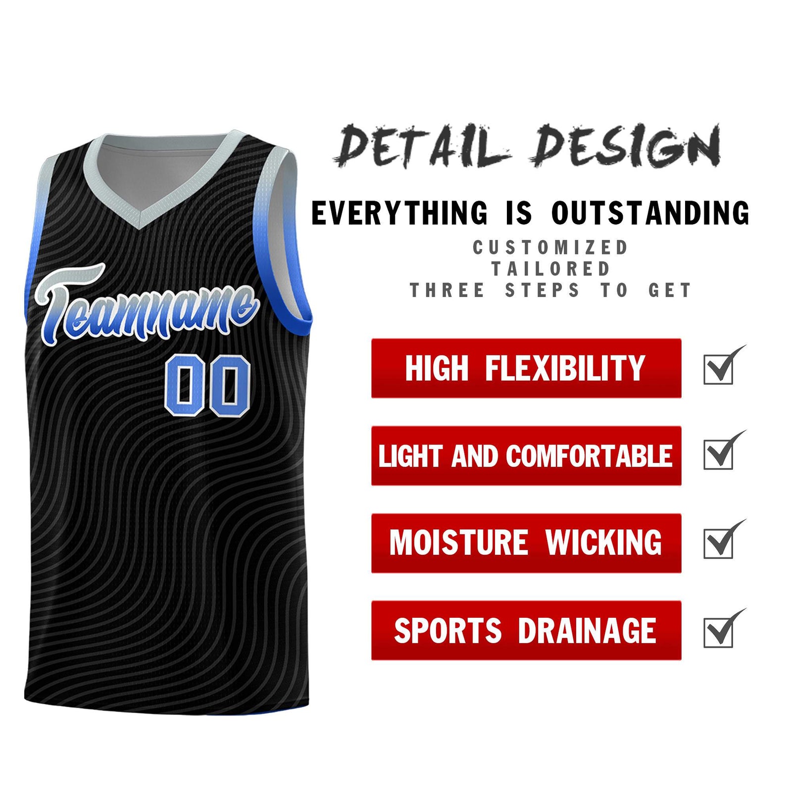 Custom Black Gray Wave Pattern Sports Uniform Basketball Jersey