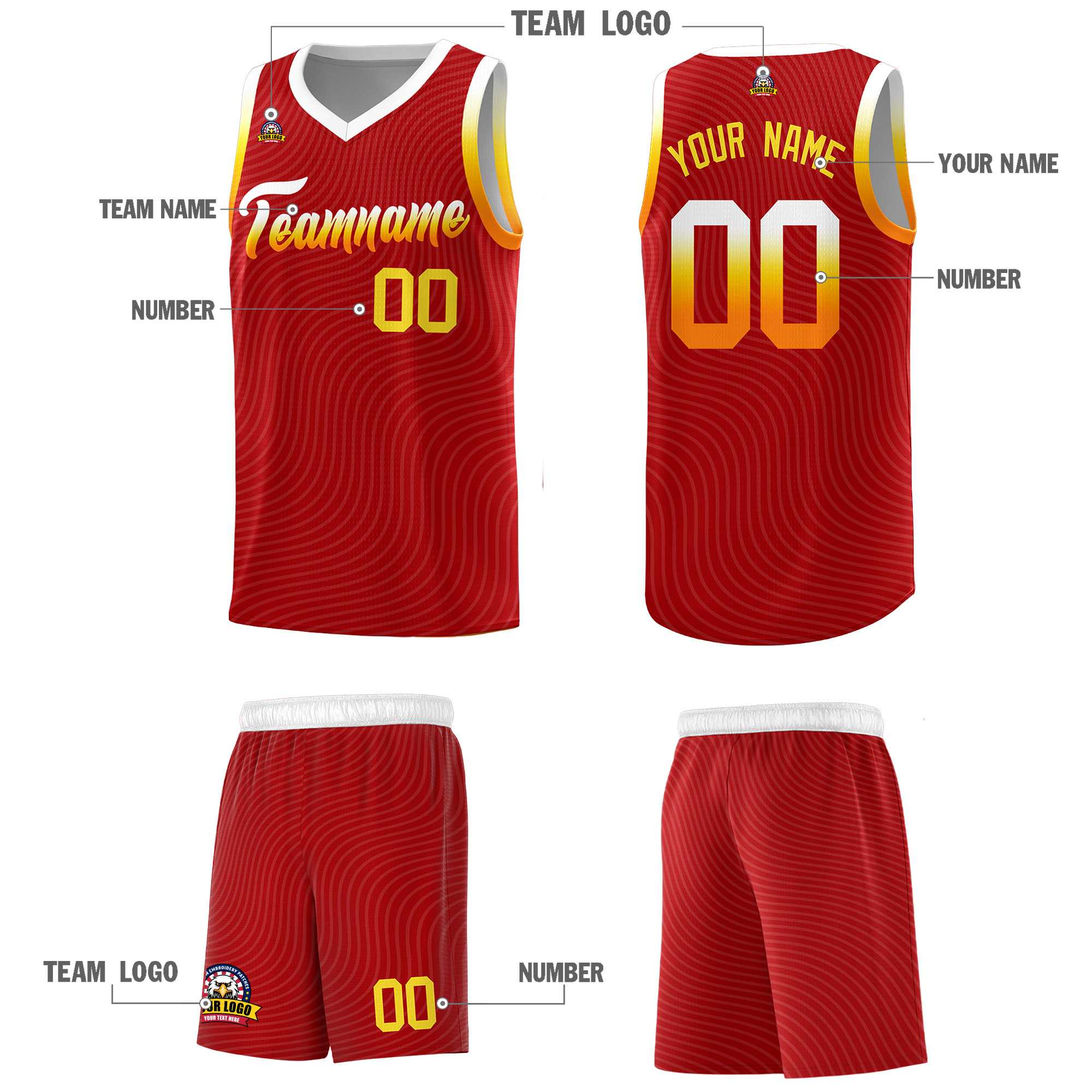 Custom Red White Wave Pattern Sports Uniform Basketball Jersey