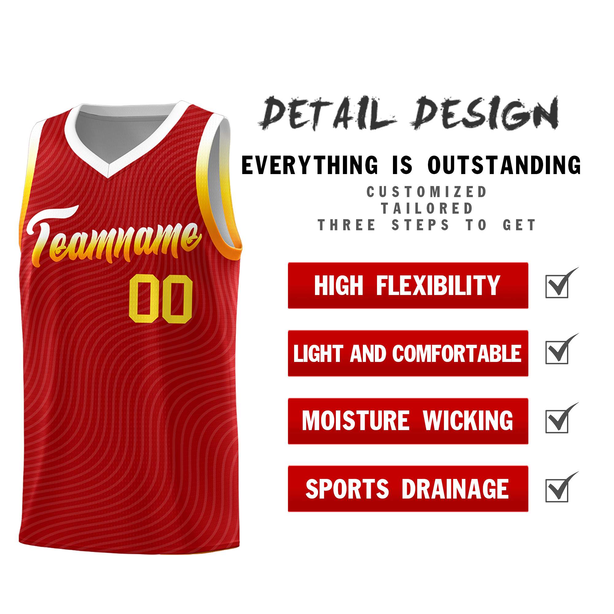 Custom Red White Wave Pattern Sports Uniform Basketball Jersey