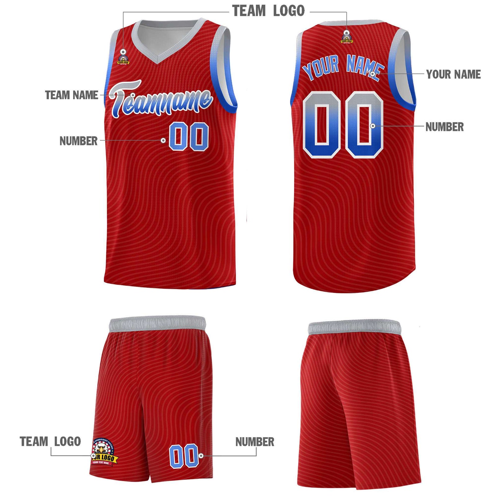 Custom Red Gray Wave Pattern Sports Uniform Basketball Jersey