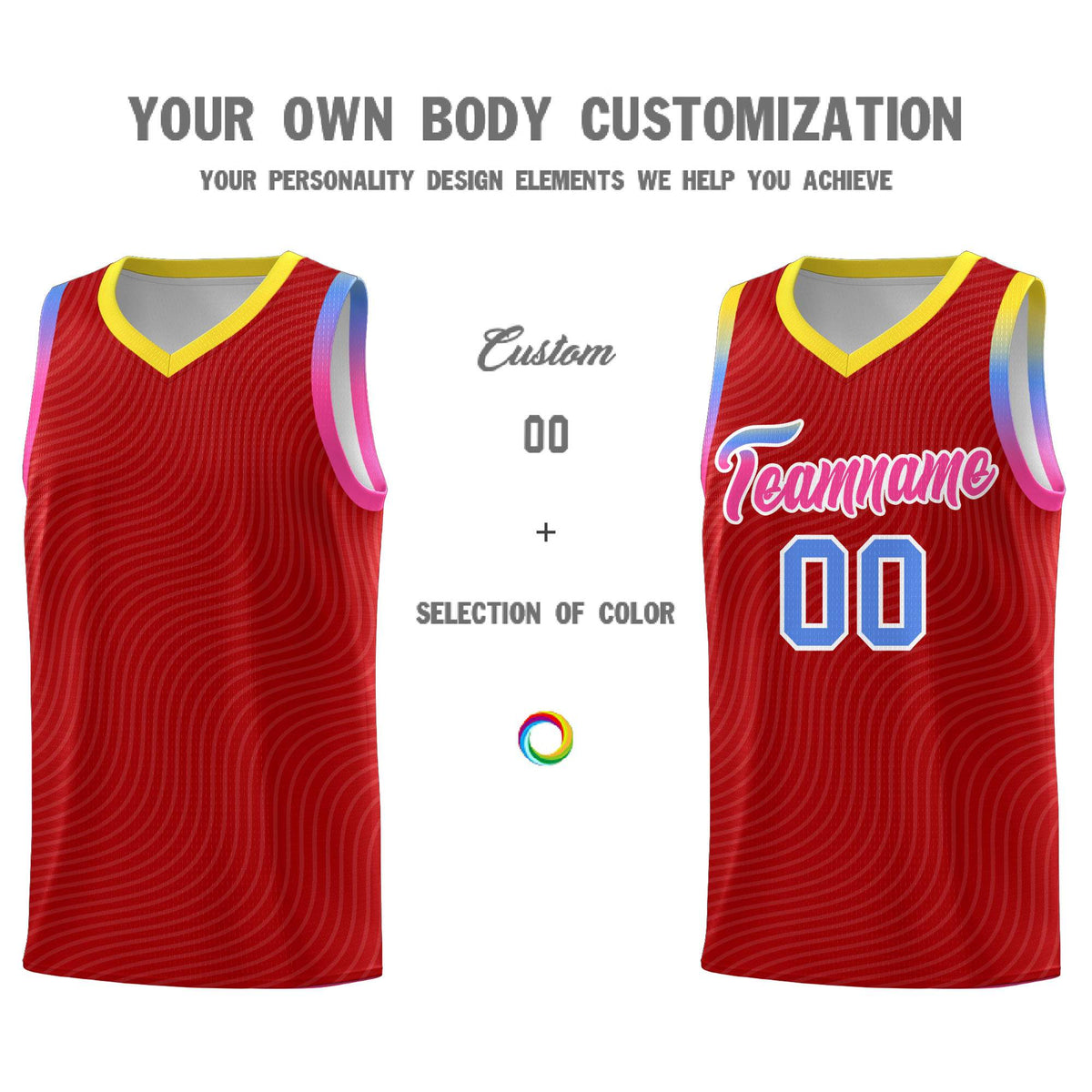 Custom Red Gold Wave Pattern Sports Uniform Basketball Jersey