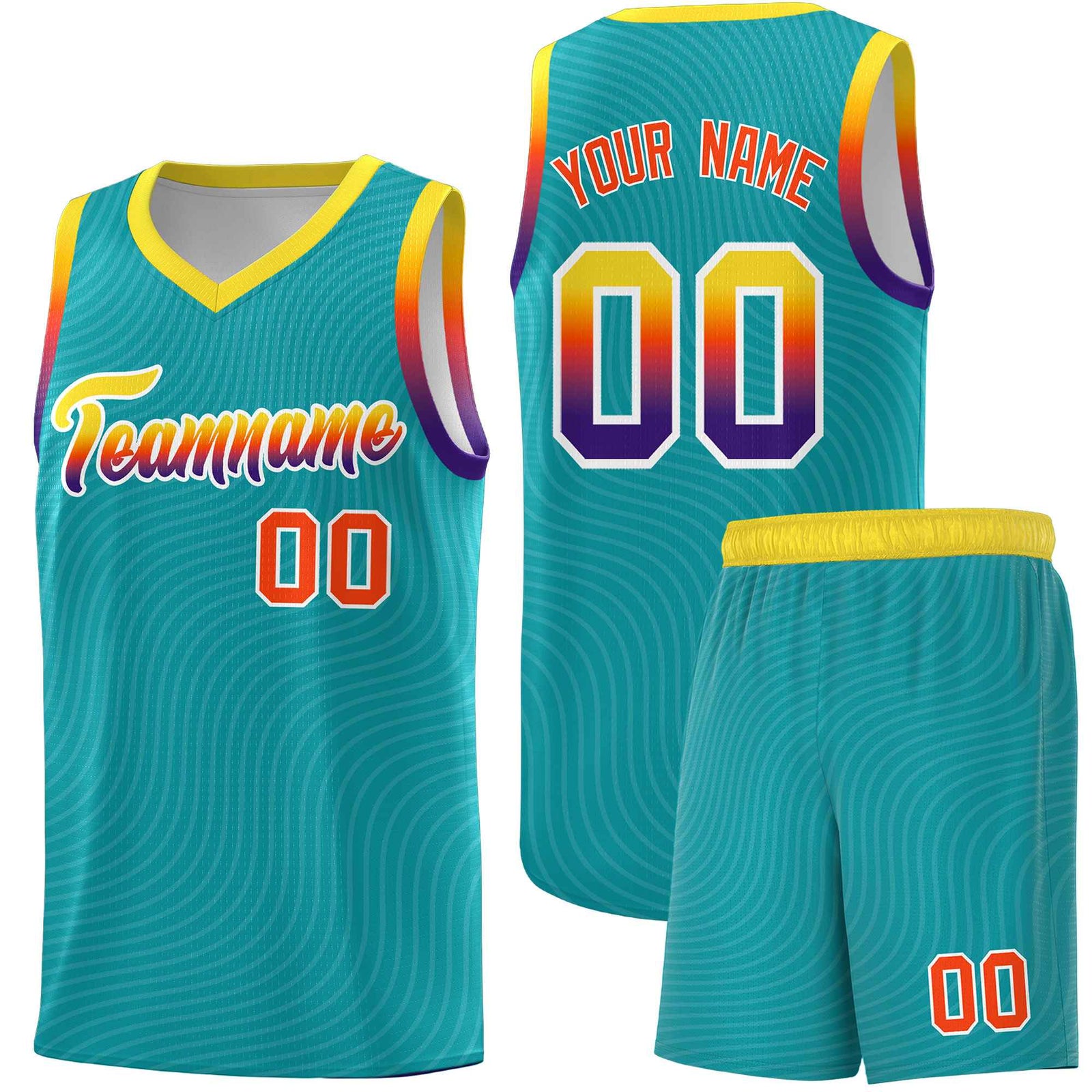 Custom Aqua Gold Wave Pattern Sports Uniform Basketball Jersey