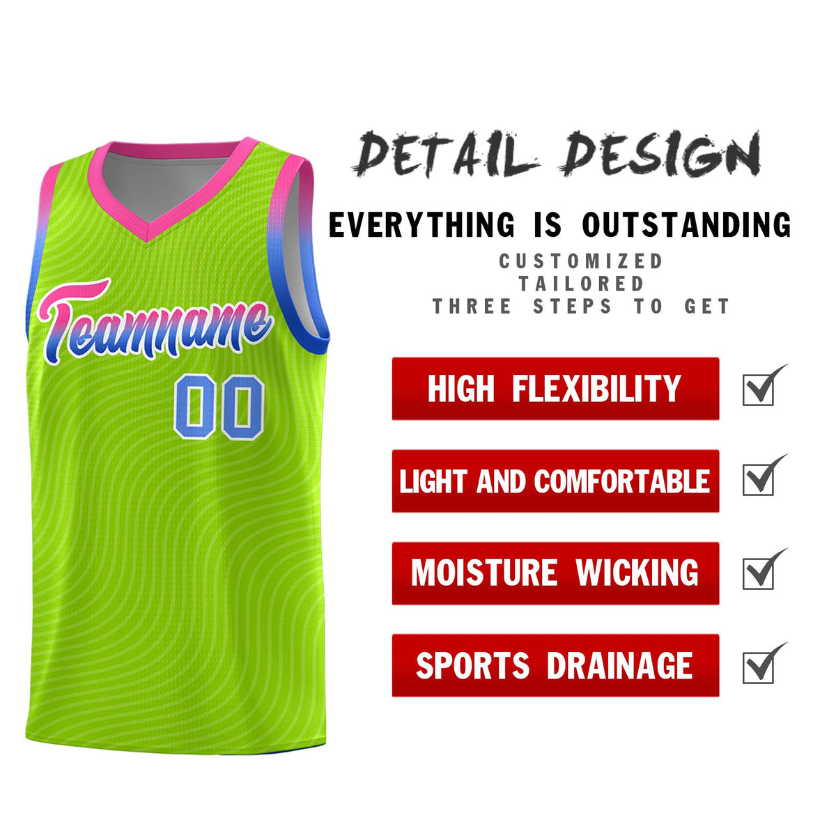 Custom Neon Green Pink Wave Pattern Sports Uniform Basketball Jersey