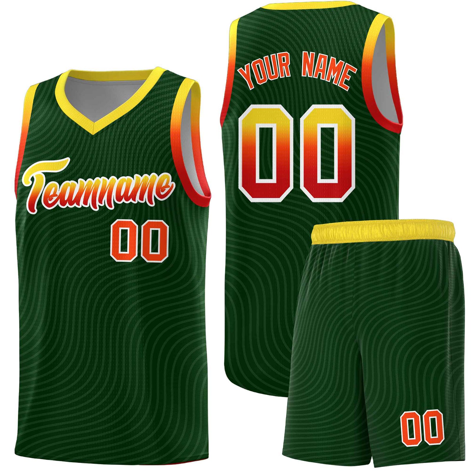 Custom Hunter Green Gold Wave Pattern Sports Uniform Basketball Jersey