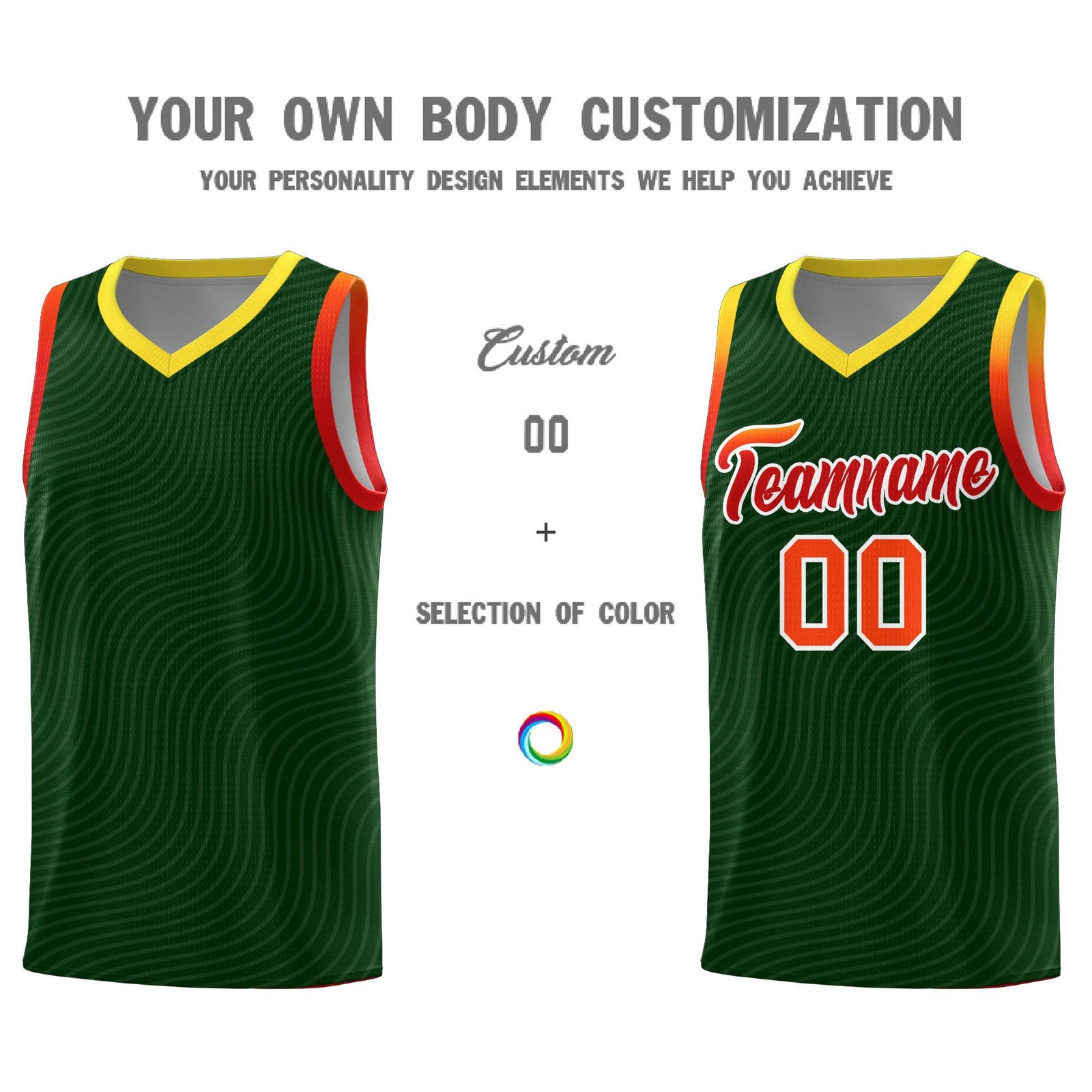 Custom Hunter Green Gold Wave Pattern Sports Uniform Basketball Jersey
