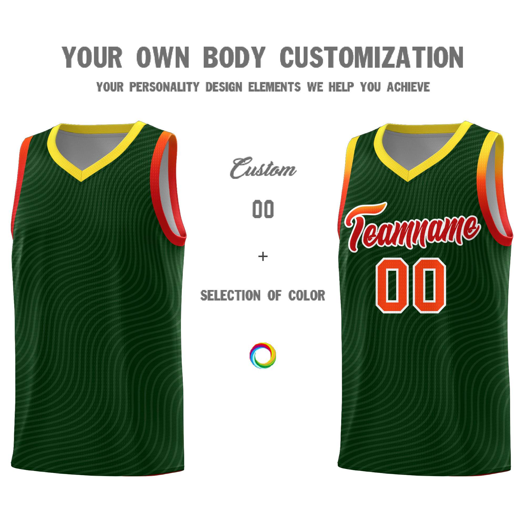 Custom Hunter Green Gold Wave Pattern Sports Uniform Basketball Jersey