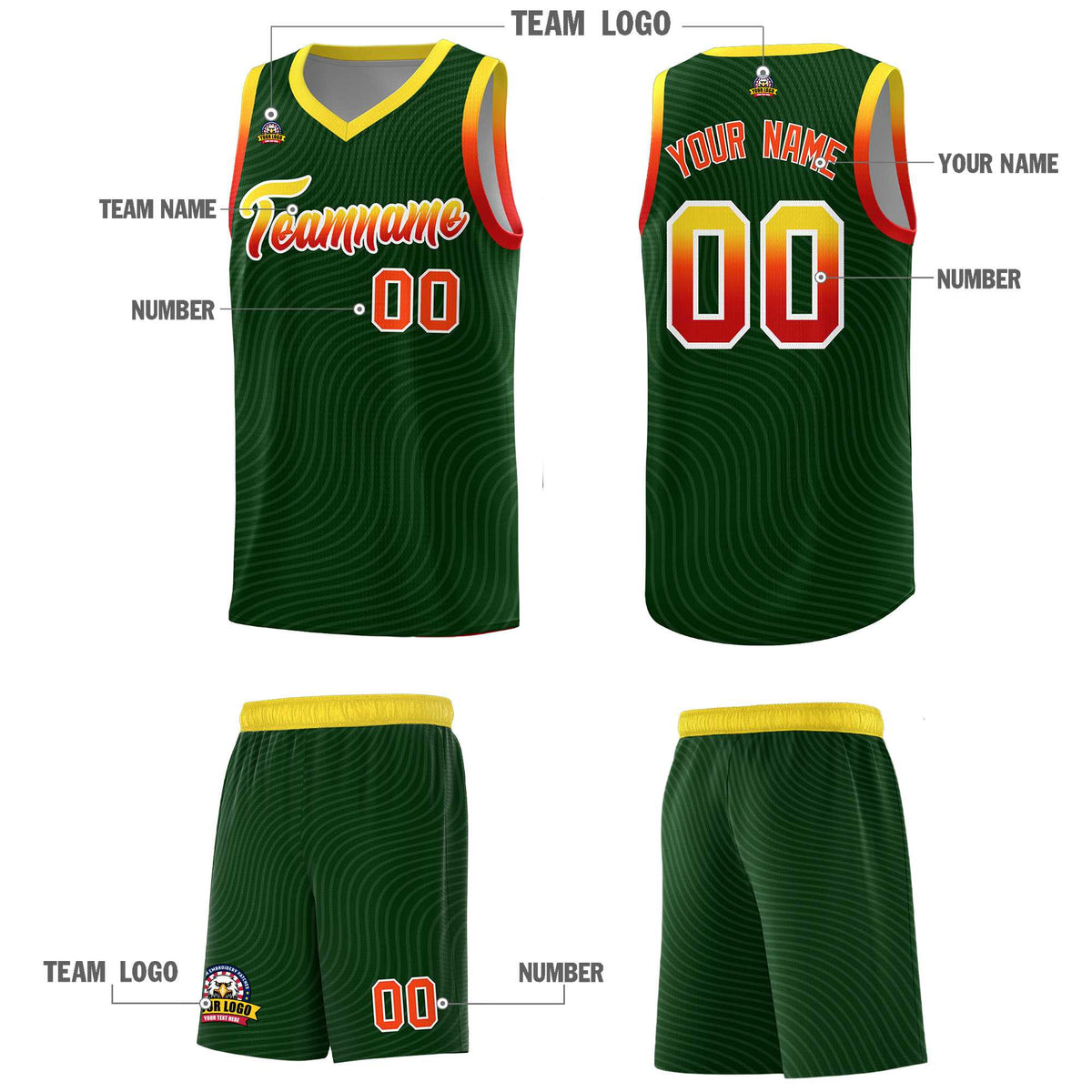 Custom Hunter Green Gold Wave Pattern Sports Uniform Basketball Jersey