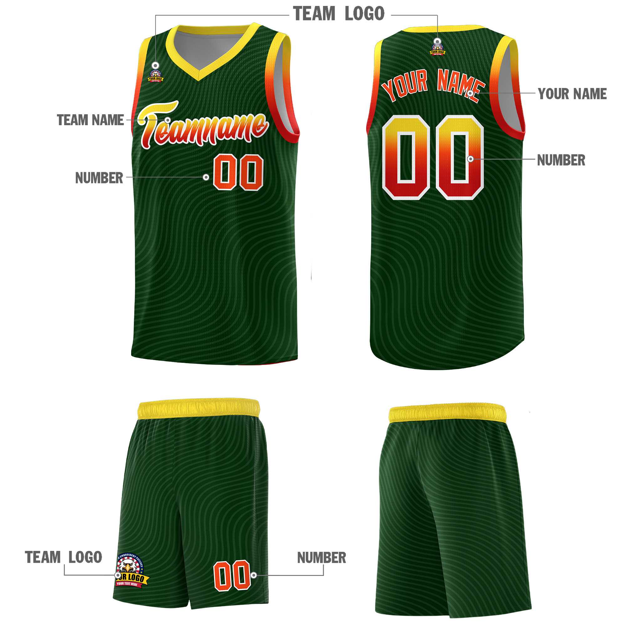 Custom Hunter Green Gold Wave Pattern Sports Uniform Basketball Jersey