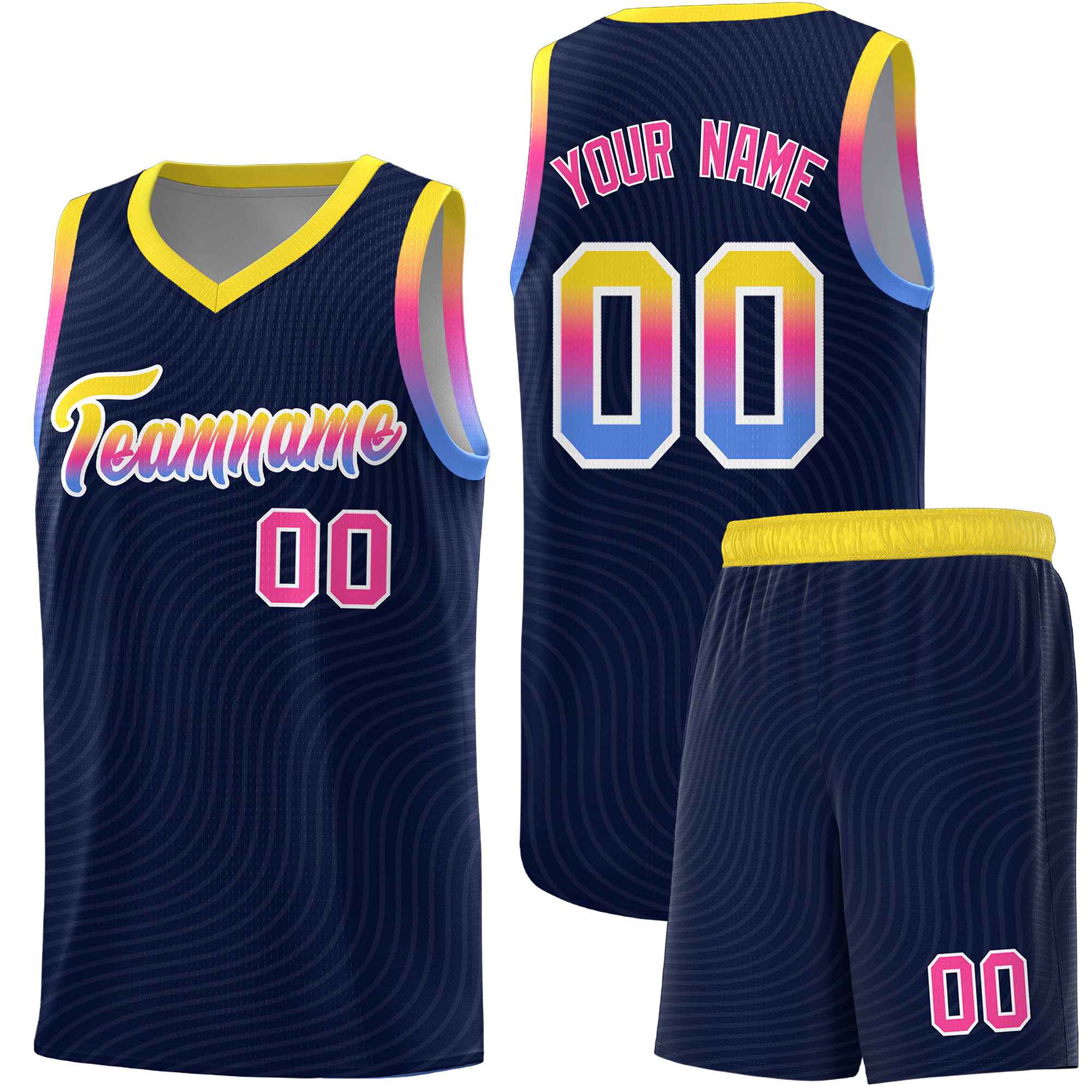 Custom Navy Gold Wave Pattern Sports Uniform Basketball Jersey