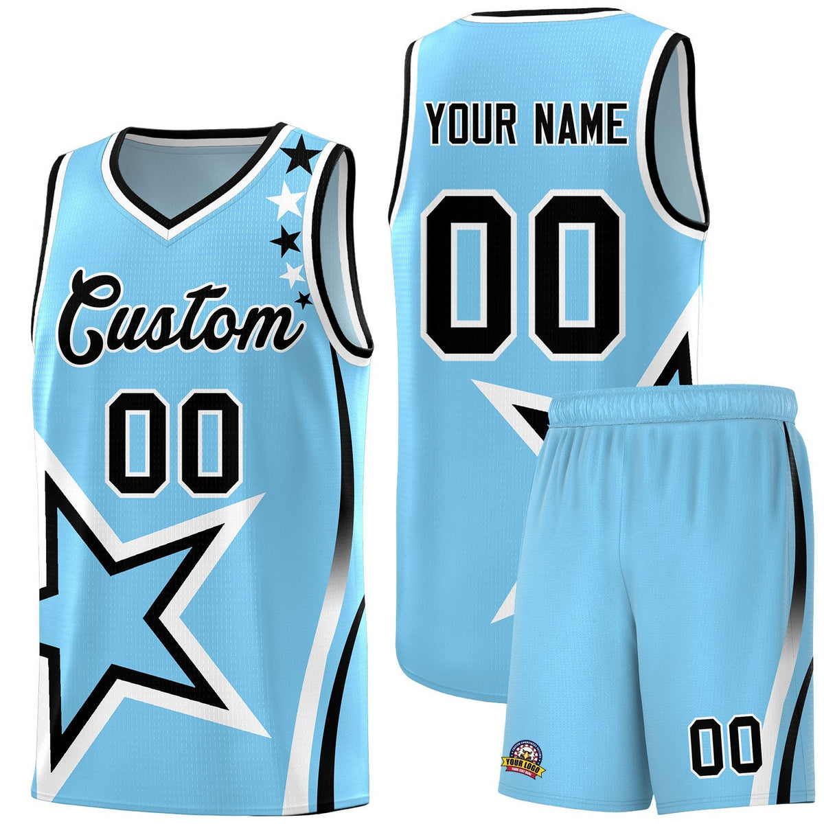 Custom Light Blue Shoulder Stars Graffiti Pattern Sets Basketball Jersey