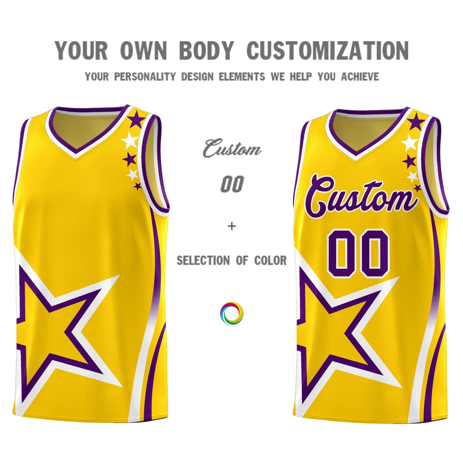 Custom Gold Shoulder Stars Graffiti Pattern Sets Basketball Jersey