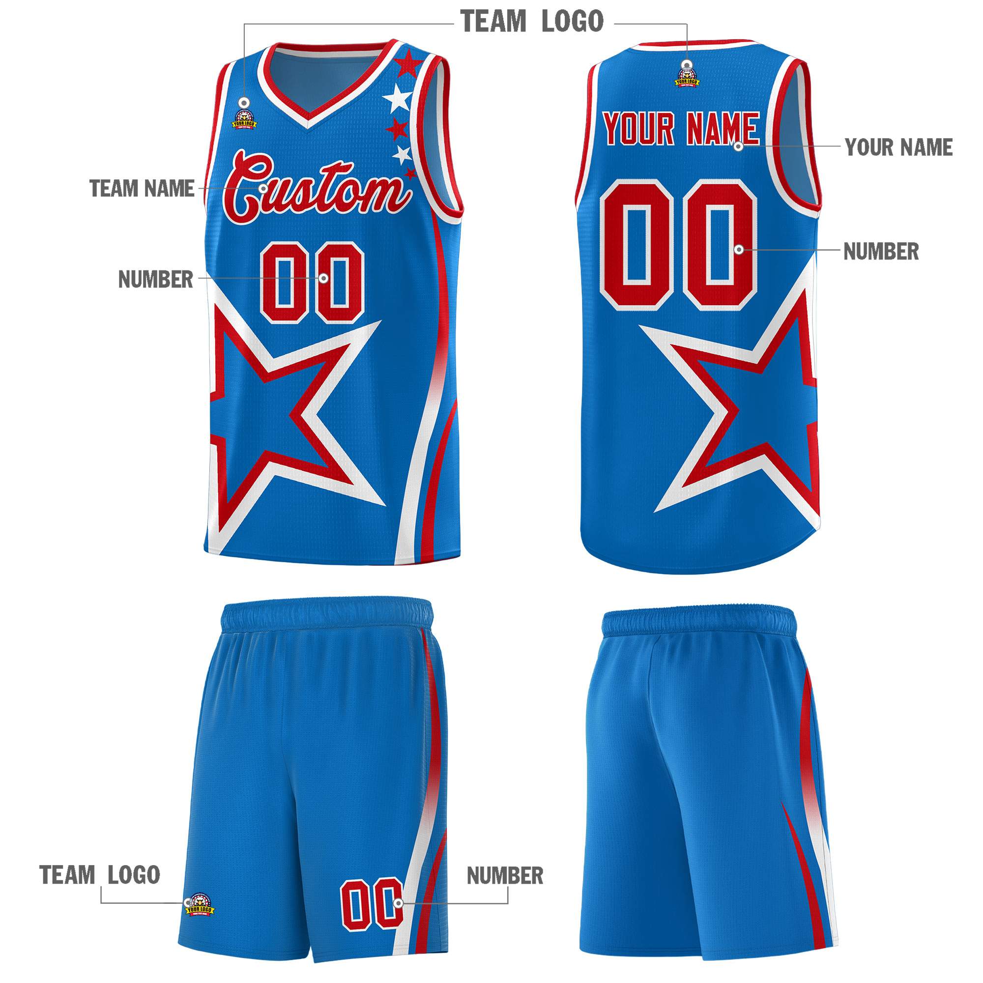 Custom Blue Shoulder Stars Graffiti Pattern Sets Basketball Jersey