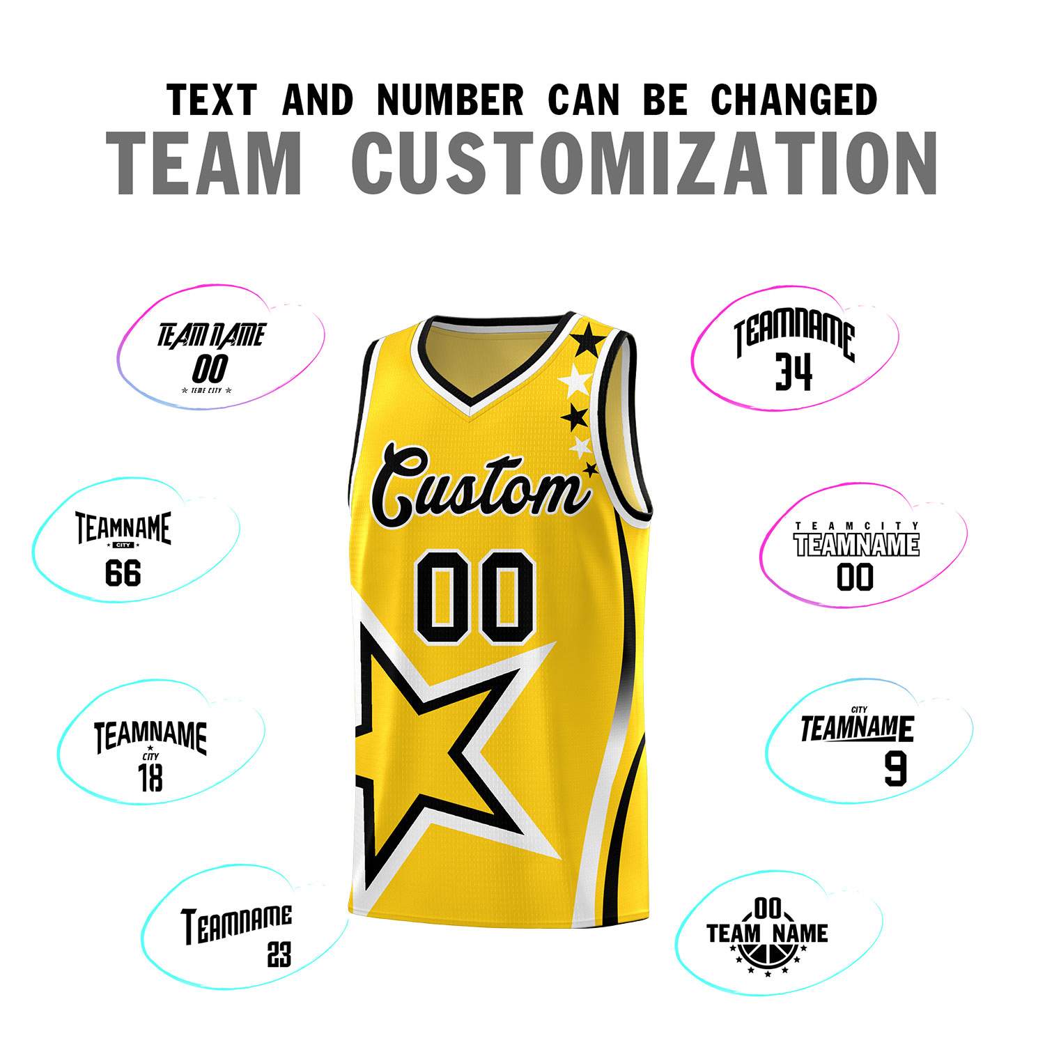 Custom Gold Shoulder Stars Graffiti Pattern Sets Basketball Jersey