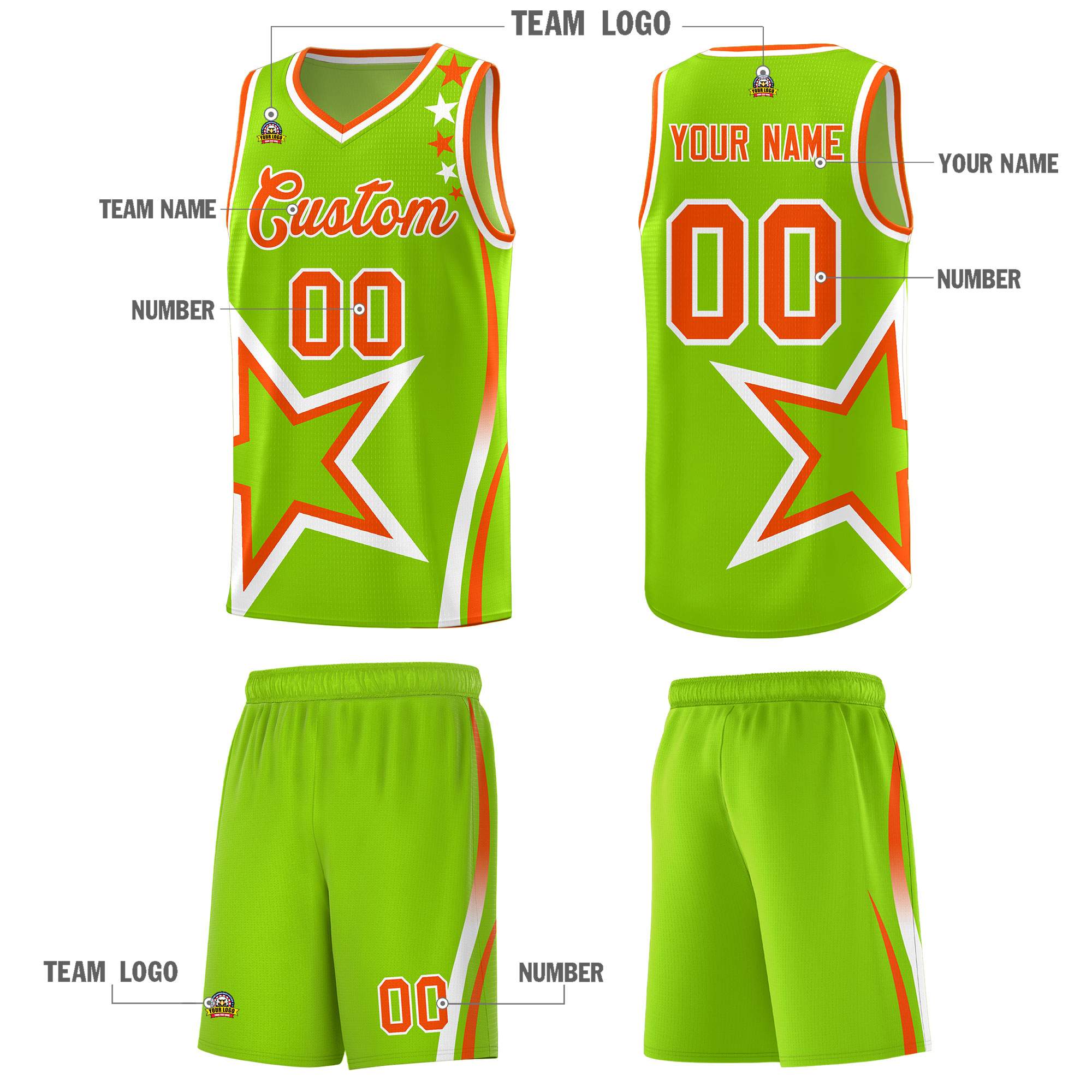 Custom Neon Green Shoulder Stars Graffiti Pattern Sets Basketball Jersey