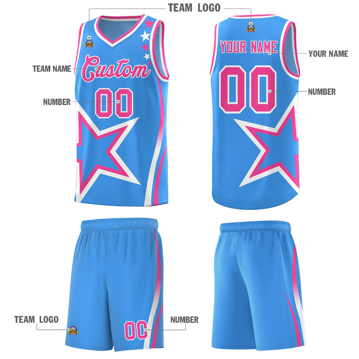 Custom Light Blue Shoulder Stars Graffiti Pattern Sets Basketball Jersey
