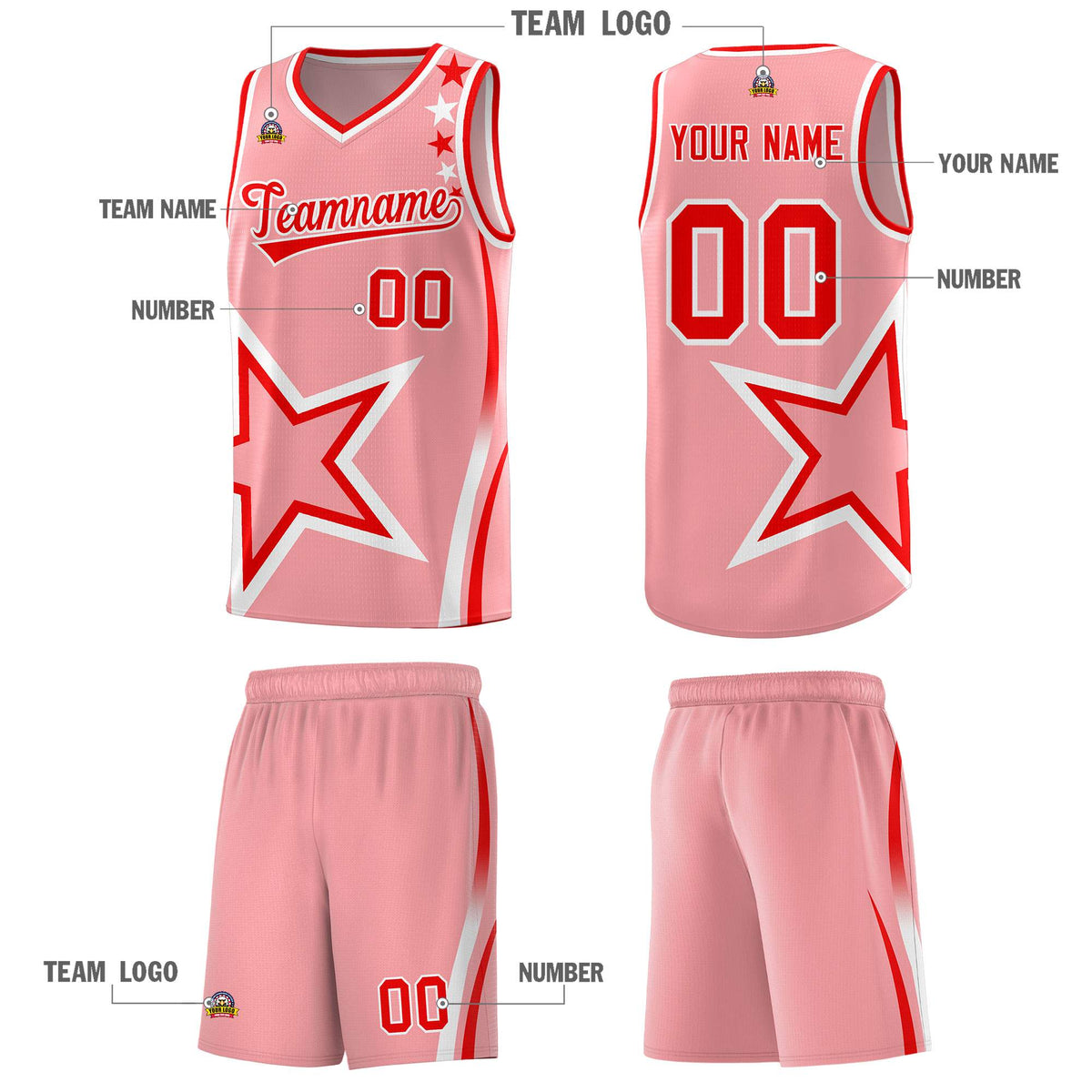 Custom Light Pink Shoulder Stars Graffiti Pattern Sets Basketball Jersey