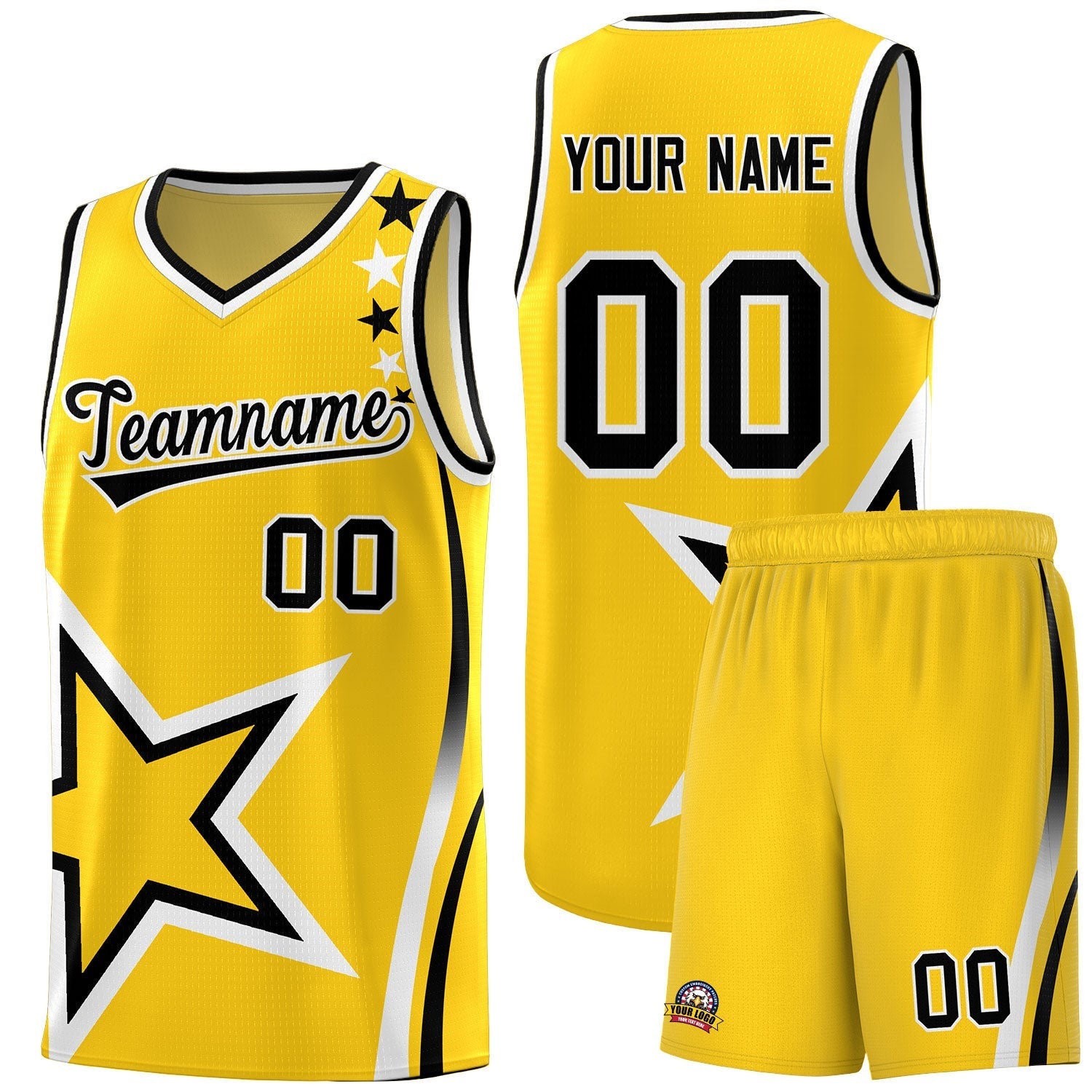 Custom Gold Shoulder Stars Graffiti Pattern Sets Basketball Jersey