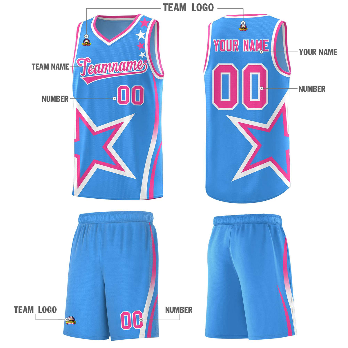 Custom Light Blue Shoulder Stars Graffiti Pattern Sets Basketball Jersey