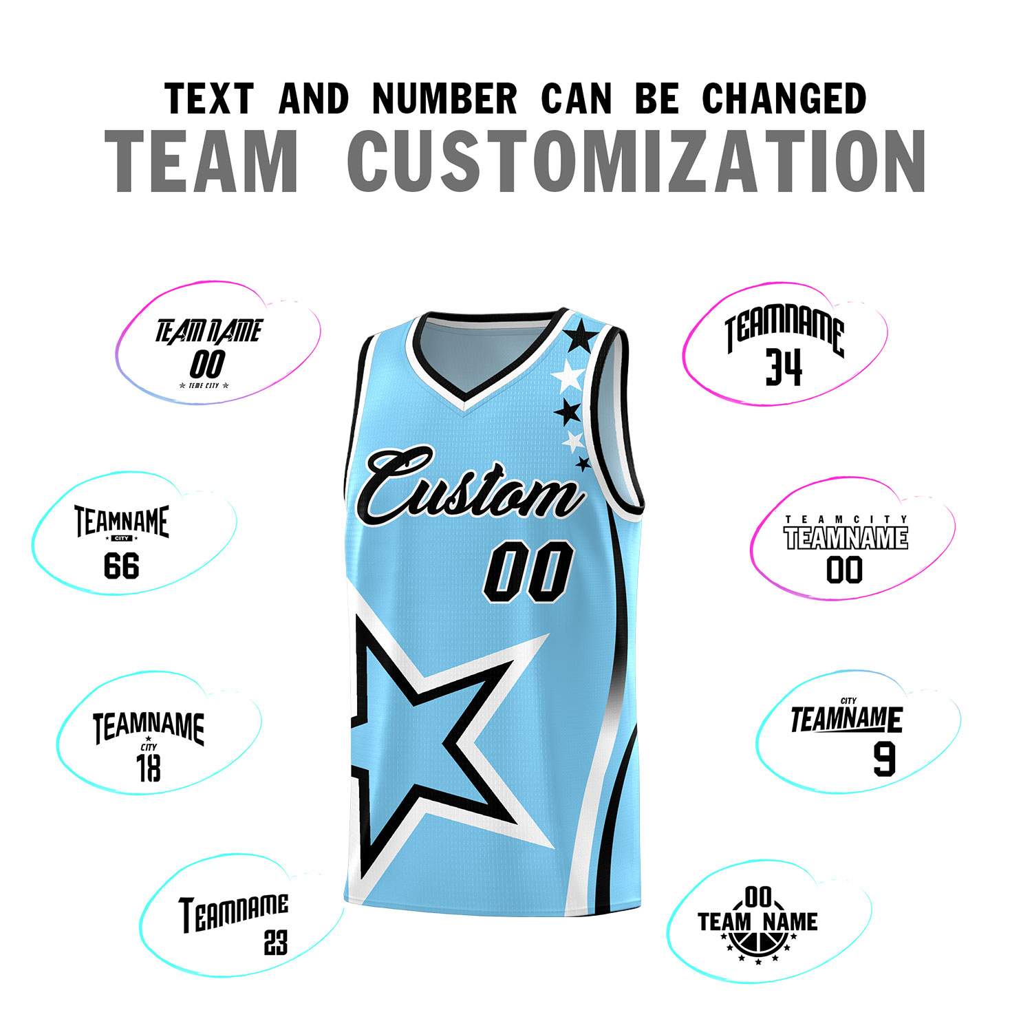 Custom Light Blue Shoulder Stars Graffiti Pattern Sets Basketball Jersey