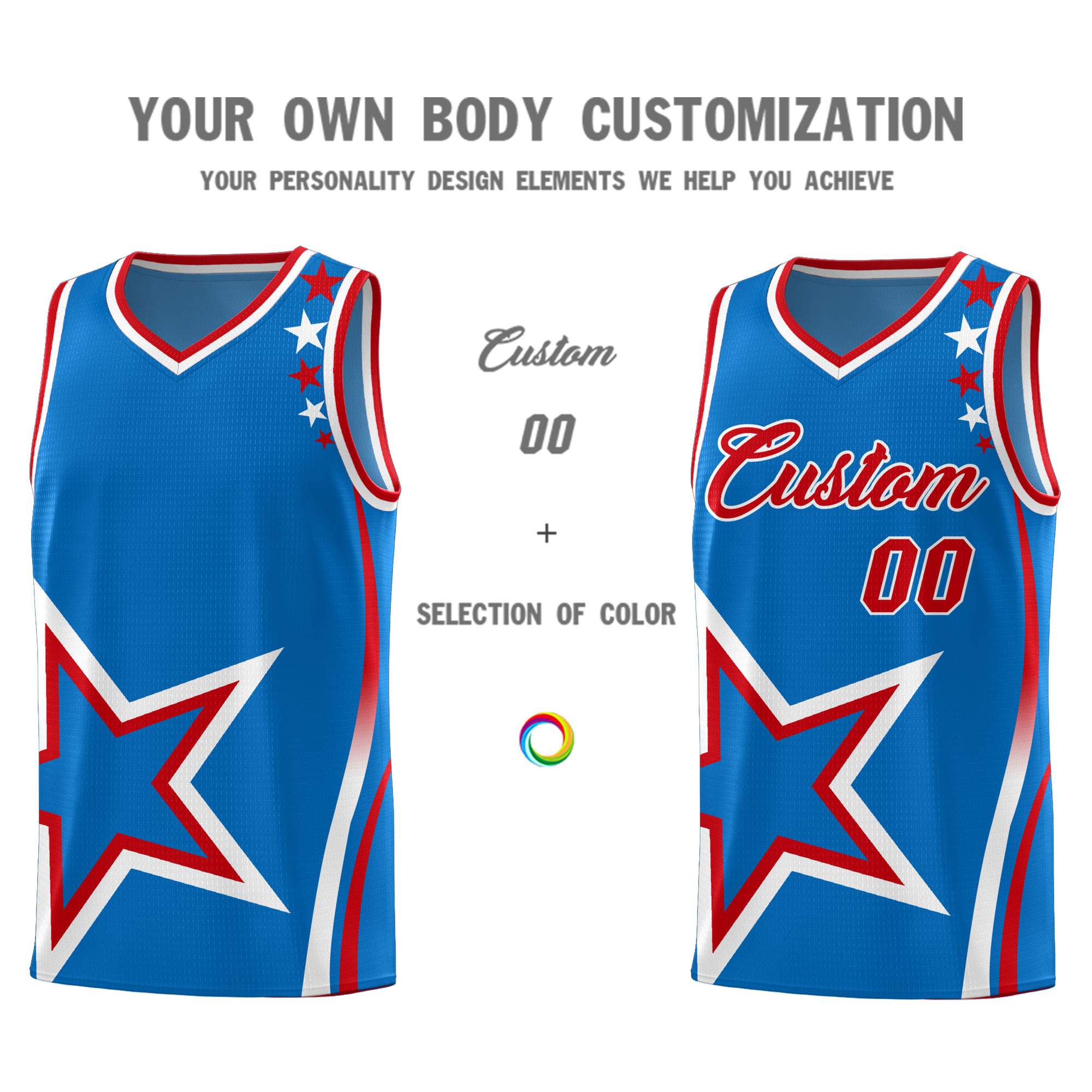 Custom Blue Shoulder Stars Graffiti Pattern Sets Basketball Jersey