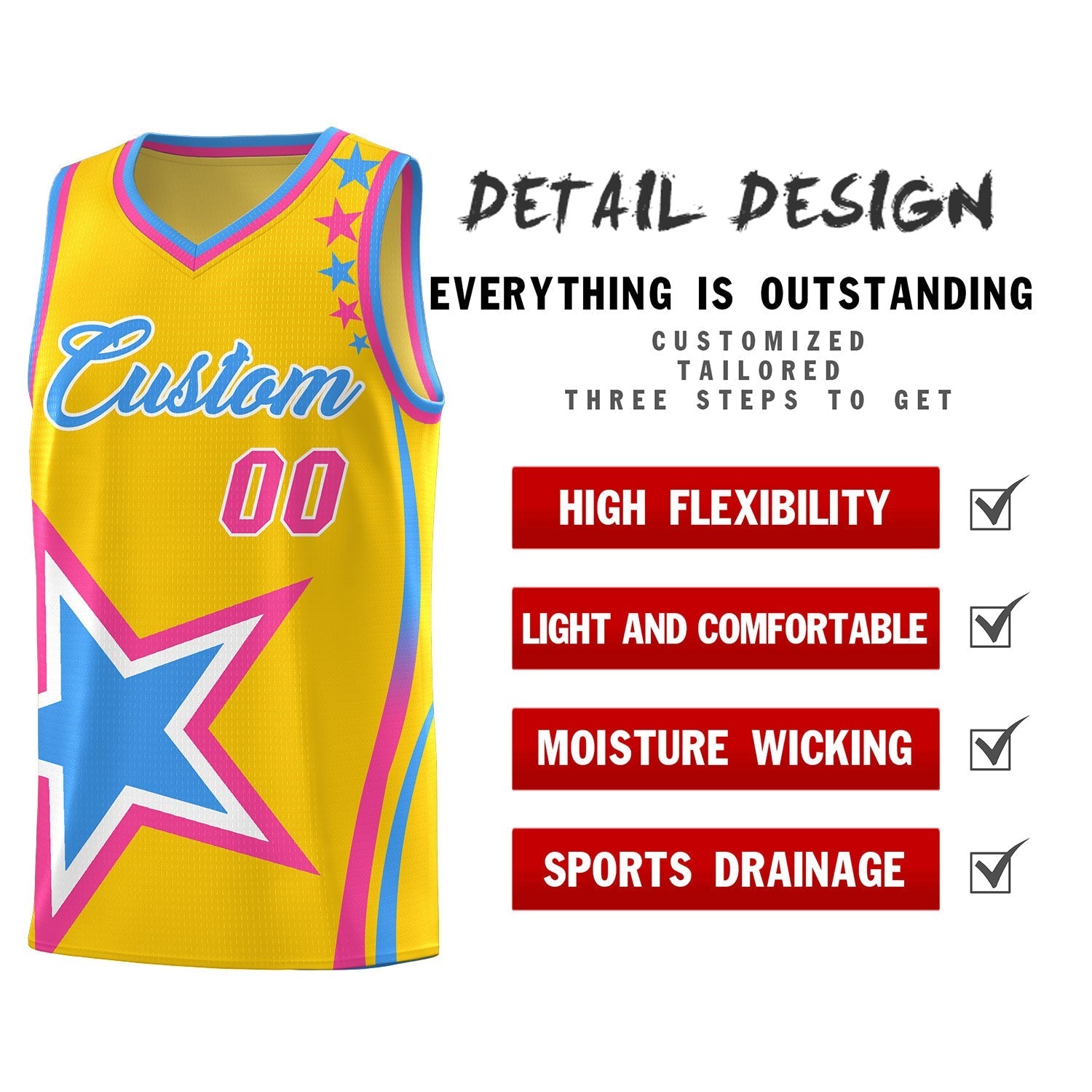 Custom Gold Shoulder Stars Graffiti Pattern Sets Basketball Jersey