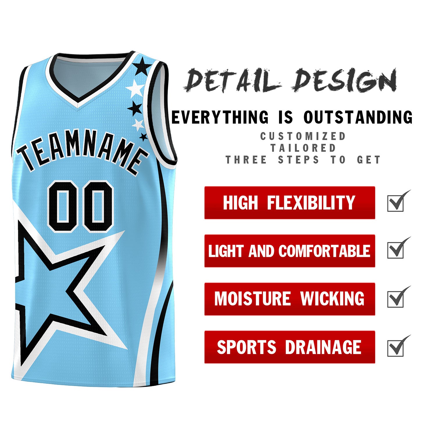 Custom Light Blue Shoulder Stars Graffiti Pattern Sets Basketball Jersey