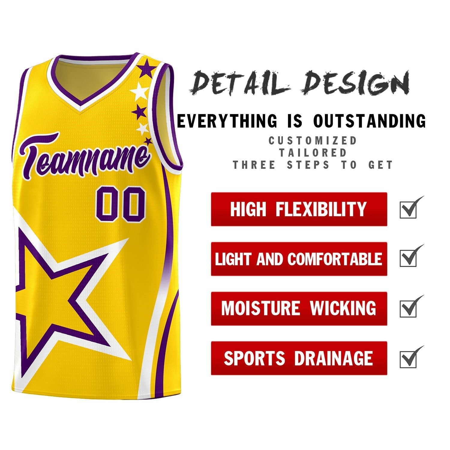 Custom Gold Shoulder Stars Graffiti Pattern Sets Basketball Jersey