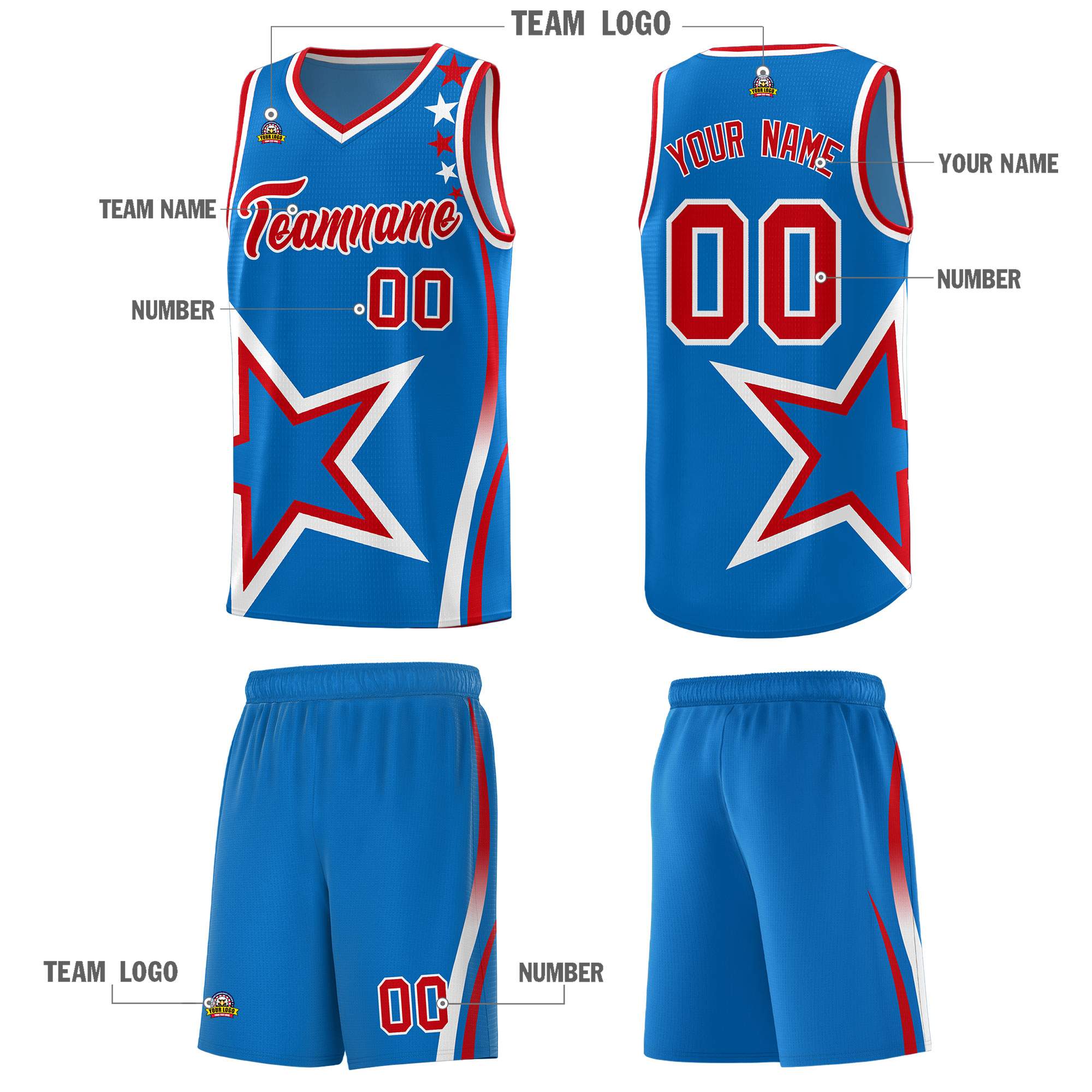 Custom Blue Shoulder Stars Graffiti Pattern Sets Basketball Jersey