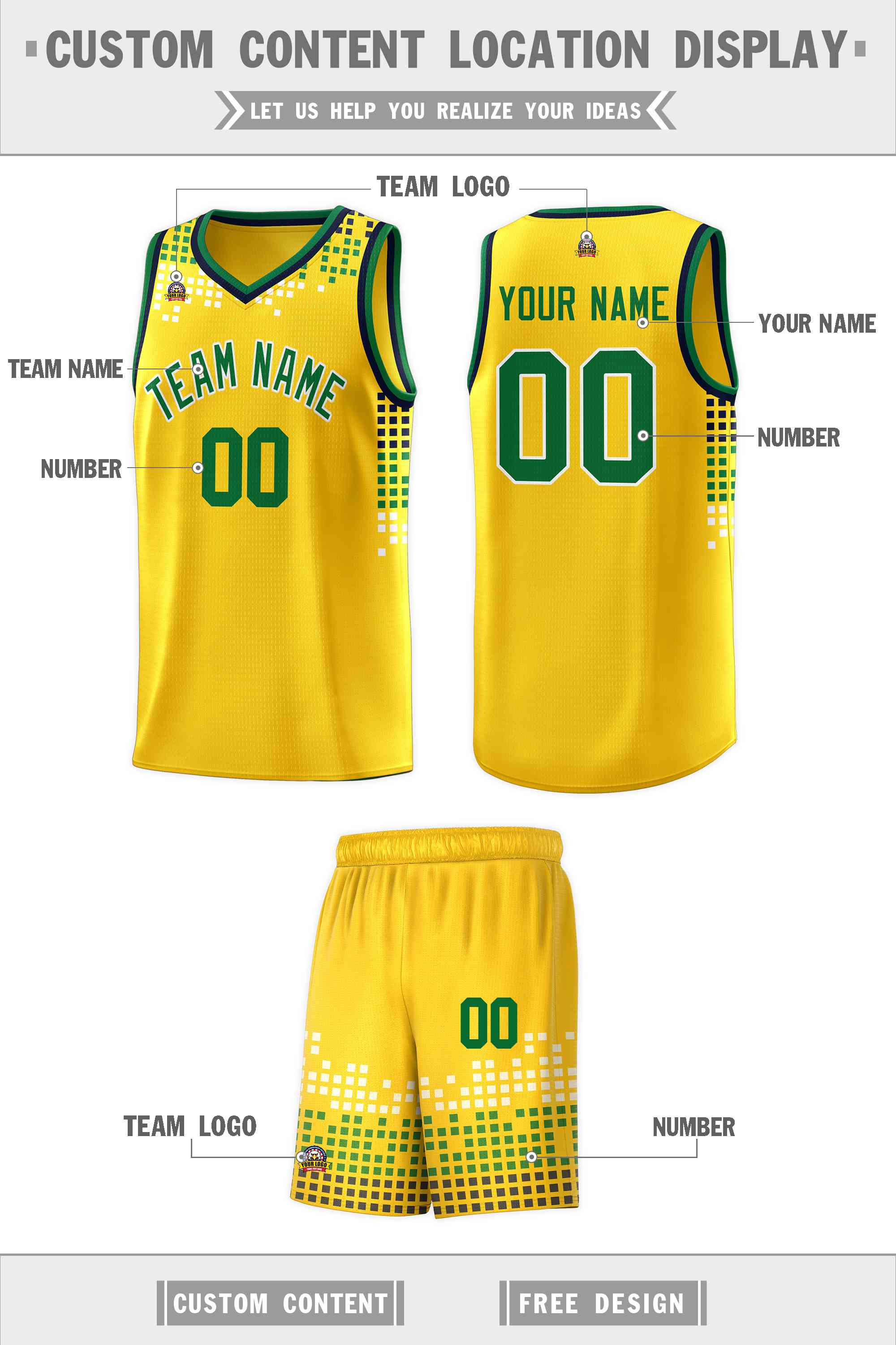 Custom Yellow Square Grid Graffiti Pattern Sports Uniform Basketball Jersey