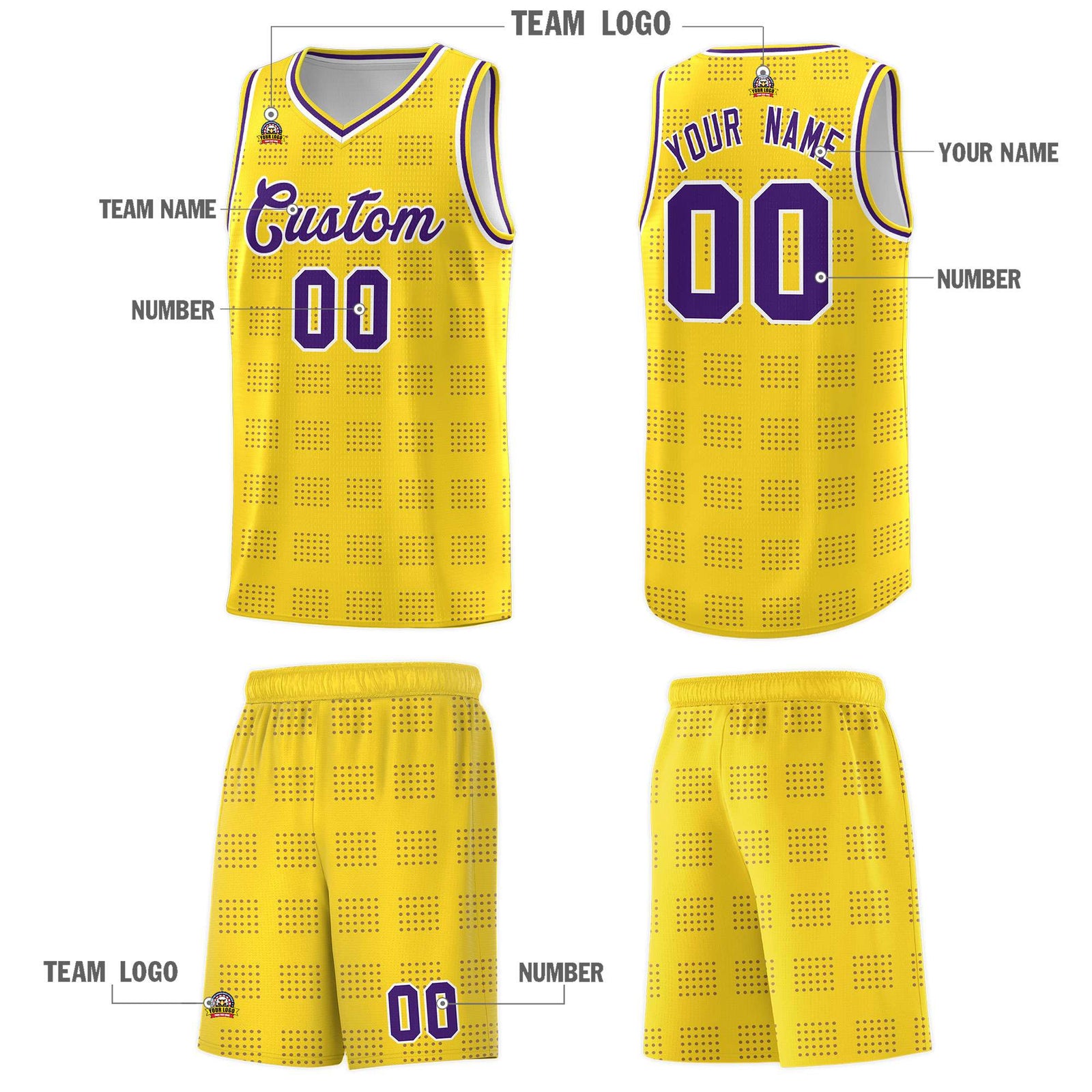 Custom Gold Purple Trailblazer Dot Pattern Sports Uniform Basketball Jersey
