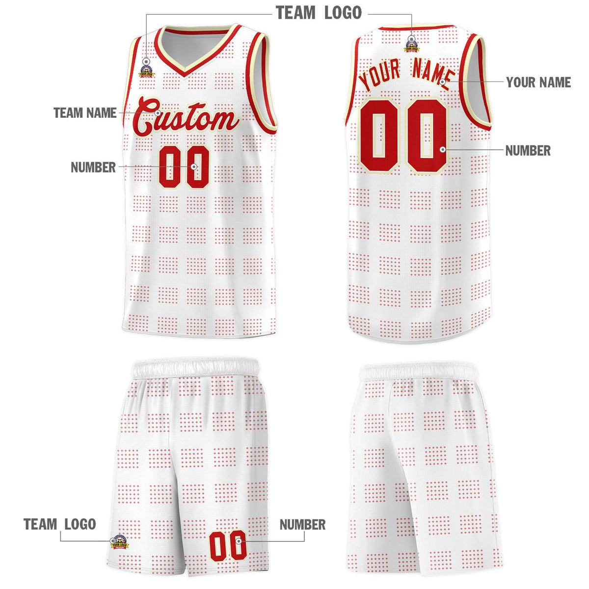Custom White Red Trailblazer Dot Pattern Sports Uniform Basketball Jersey