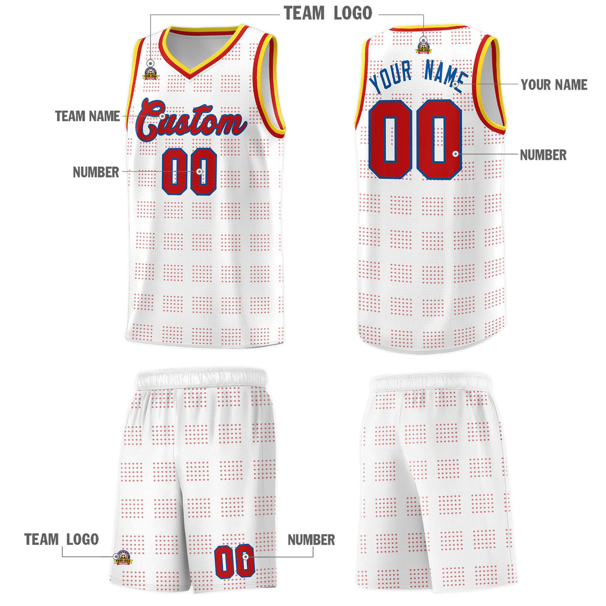 Custom White Red Trailblazer Dot Pattern Sports Uniform Basketball Jersey
