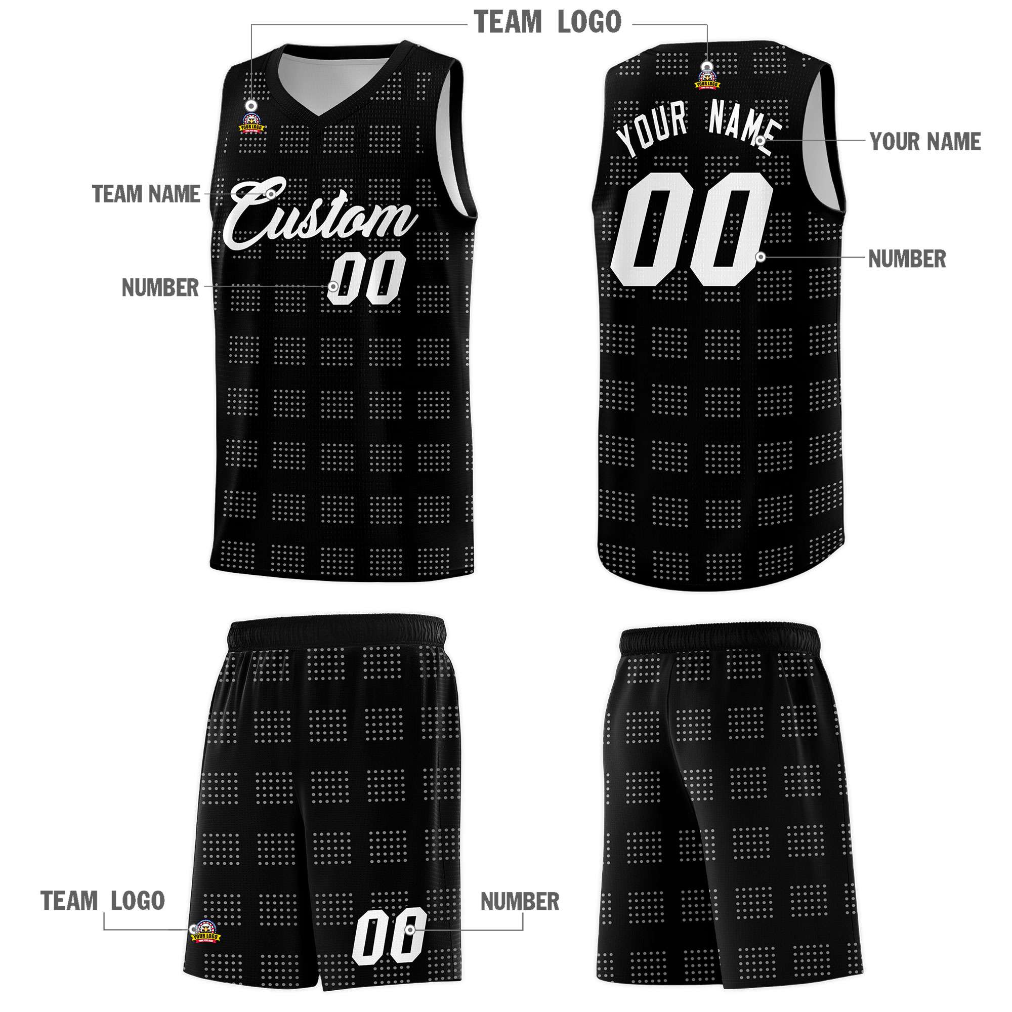 Custom Black White Trailblazer Dot Pattern Sports Uniform Basketball Jersey