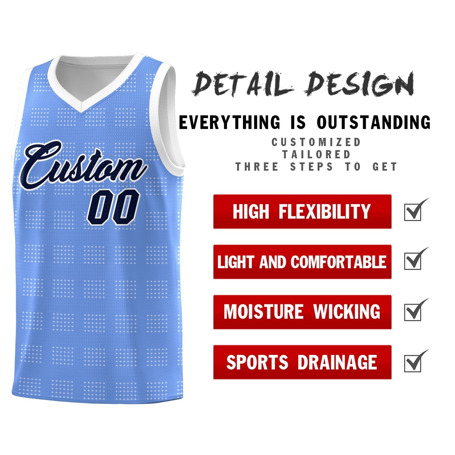 Custom Light Blue White Trailblazer Dot Pattern Sports Uniform Basketball Jersey