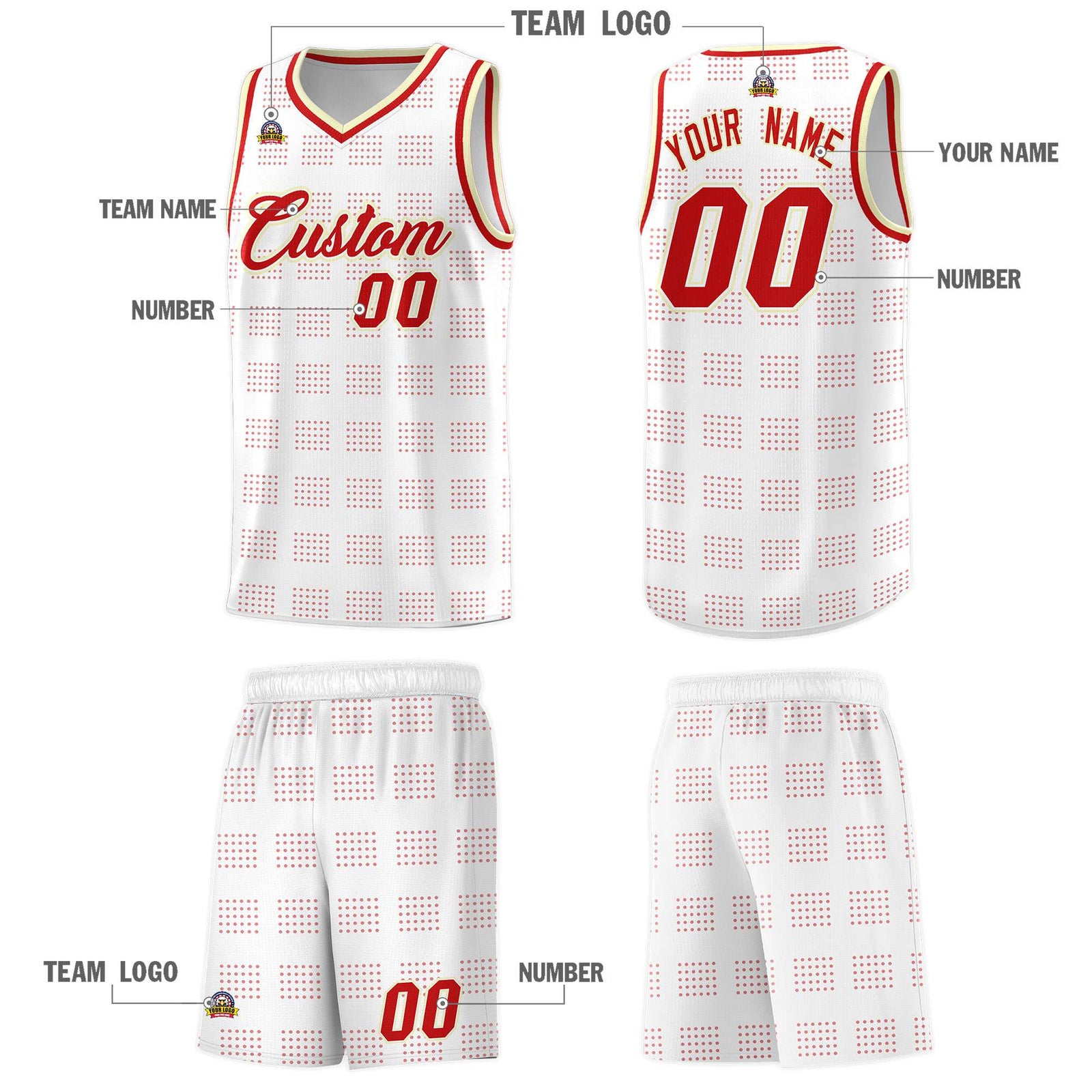 Custom White Red Trailblazer Dot Pattern Sports Uniform Basketball Jersey