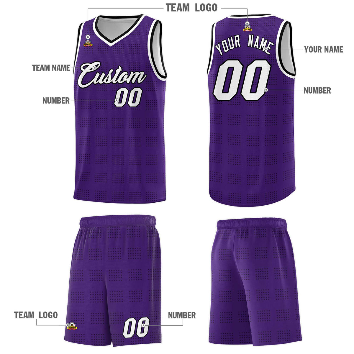 Custom Purple Black Trailblazer Dot Pattern Sports Uniform Basketball Jersey