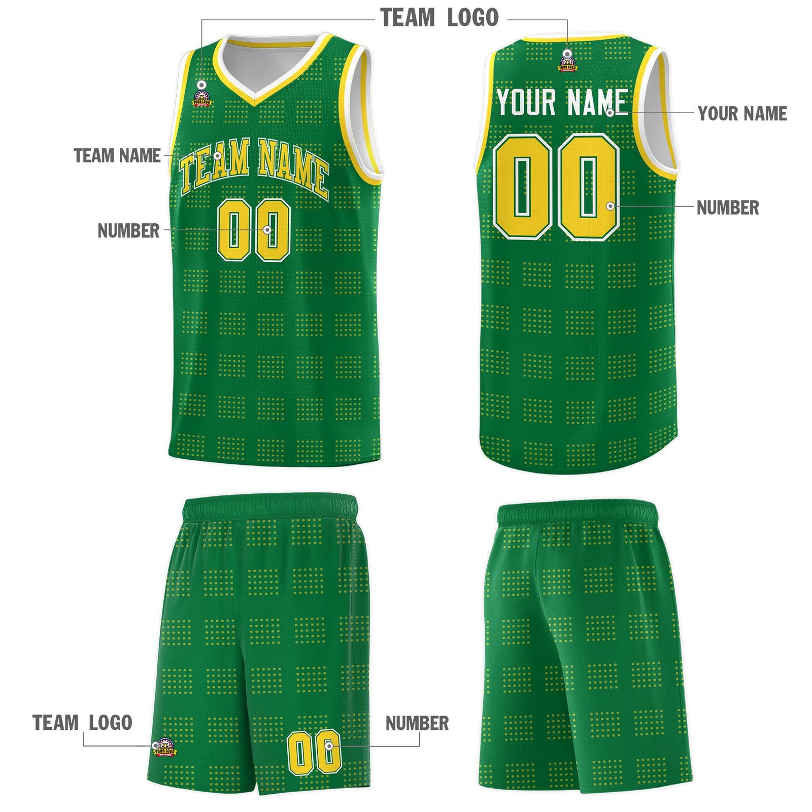 Custom Kelly Green Gold Trailblazer Dot Pattern Sports Uniform Basketball Jersey