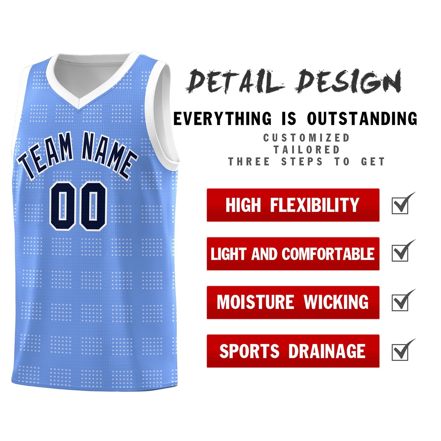 Custom Light Blue White Trailblazer Dot Pattern Sports Uniform Basketball Jersey