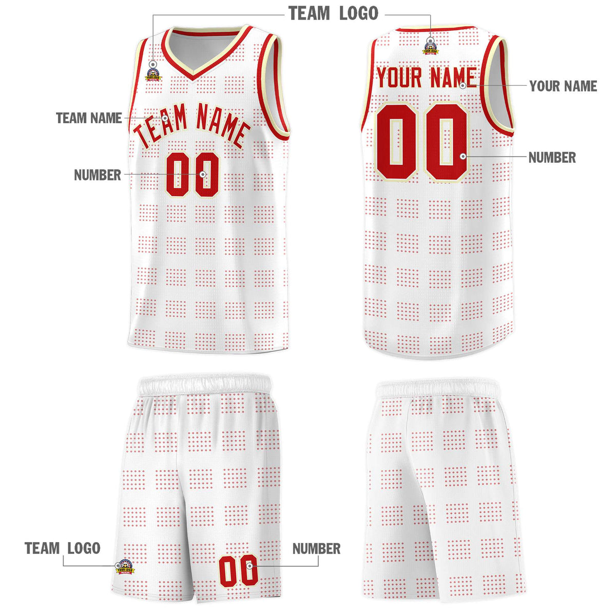 Custom White Red Trailblazer Dot Pattern Sports Uniform Basketball Jersey