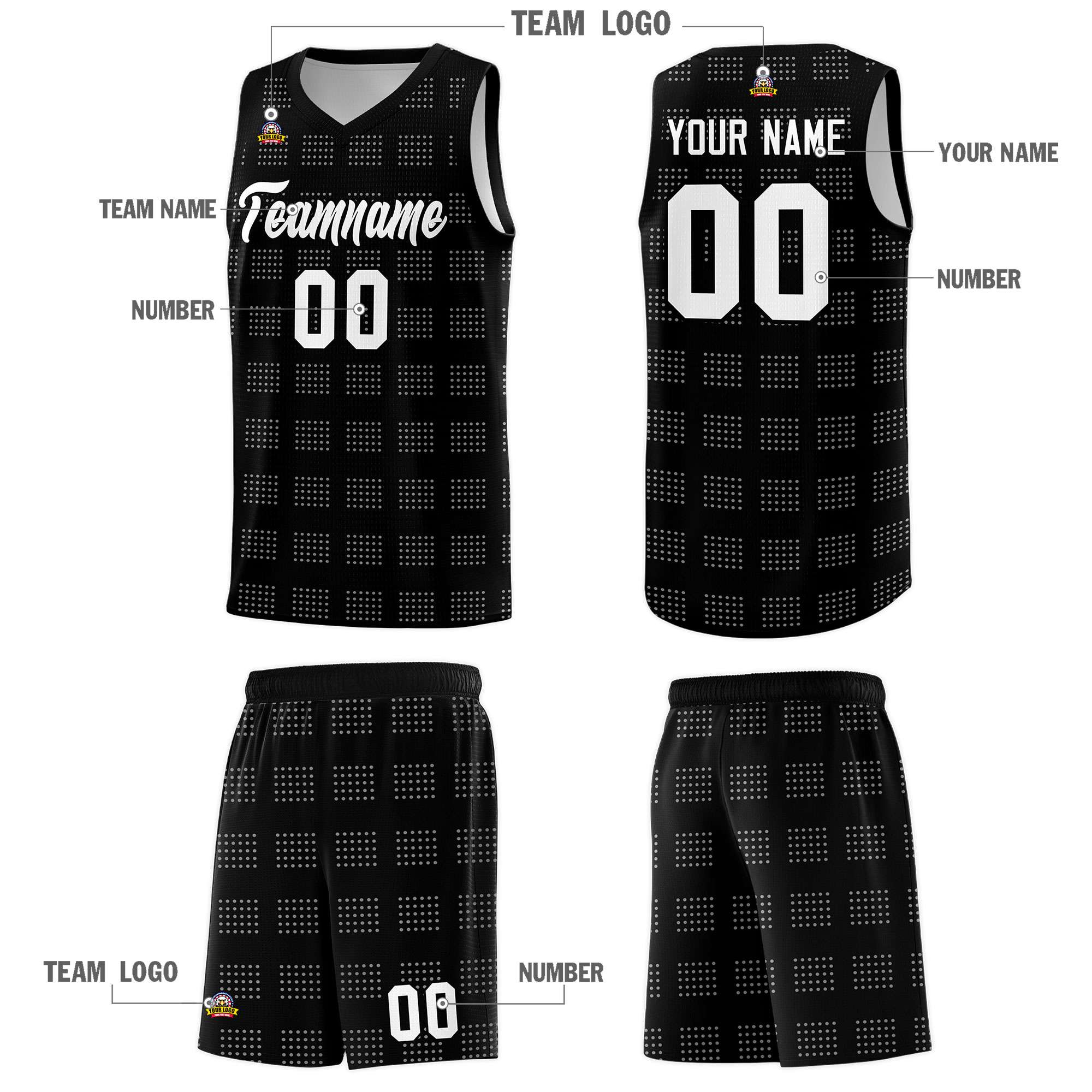 Custom Black White Trailblazer Dot Pattern Sports Uniform Basketball Jersey