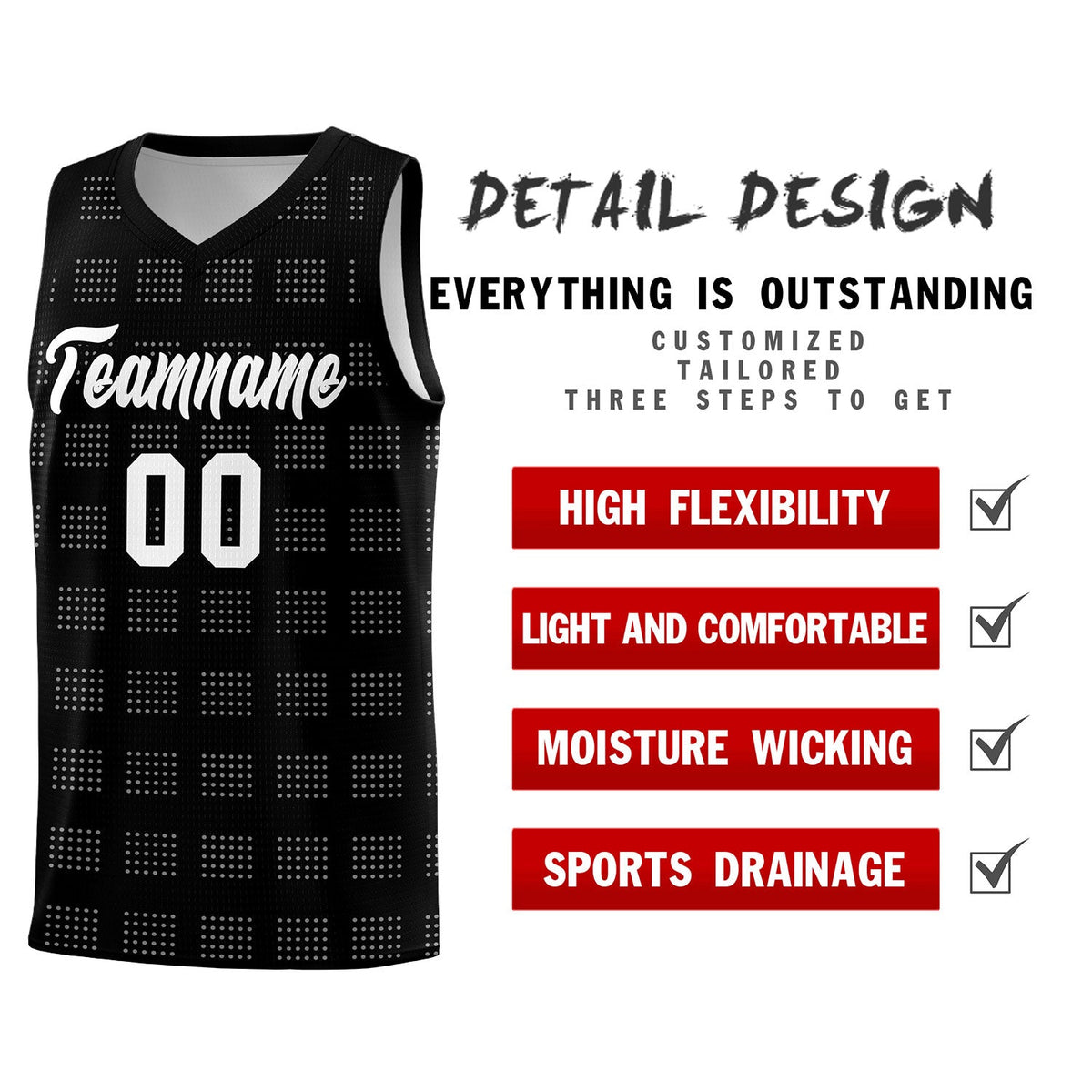 Custom Black White Trailblazer Dot Pattern Sports Uniform Basketball Jersey