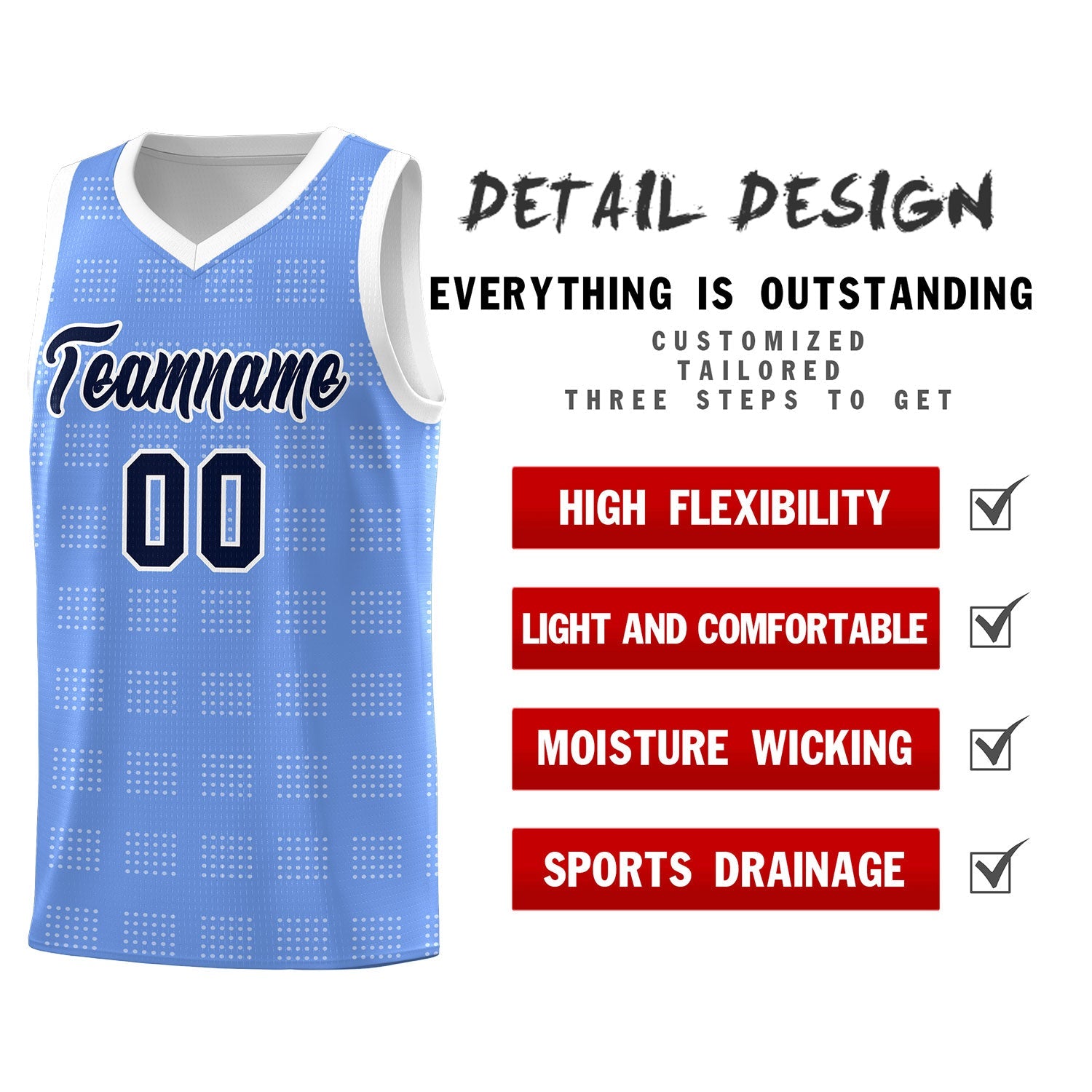 Custom Light Blue White Trailblazer Dot Pattern Sports Uniform Basketball Jersey