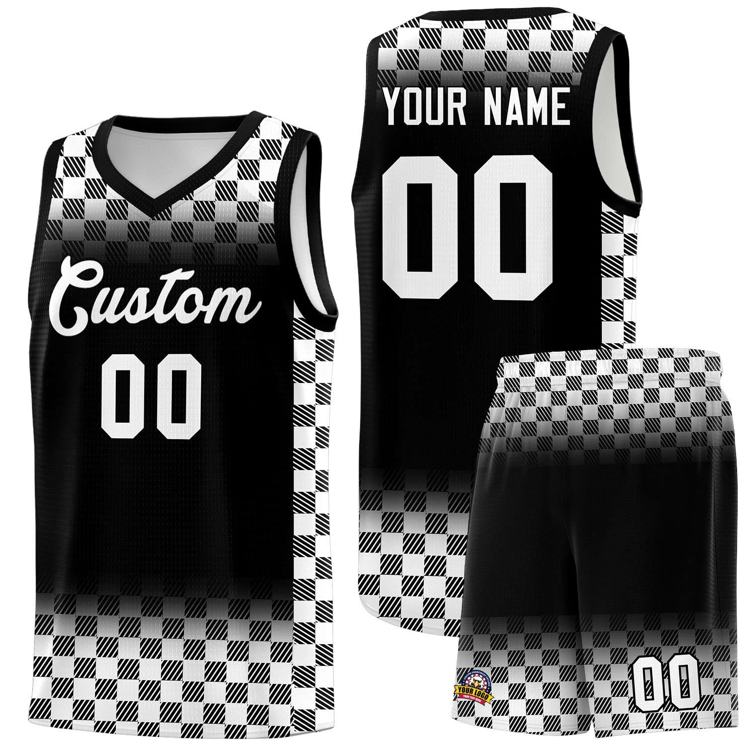 Custom Black White Classic Plaid Pattern Sports Uniform Basketball Jersey