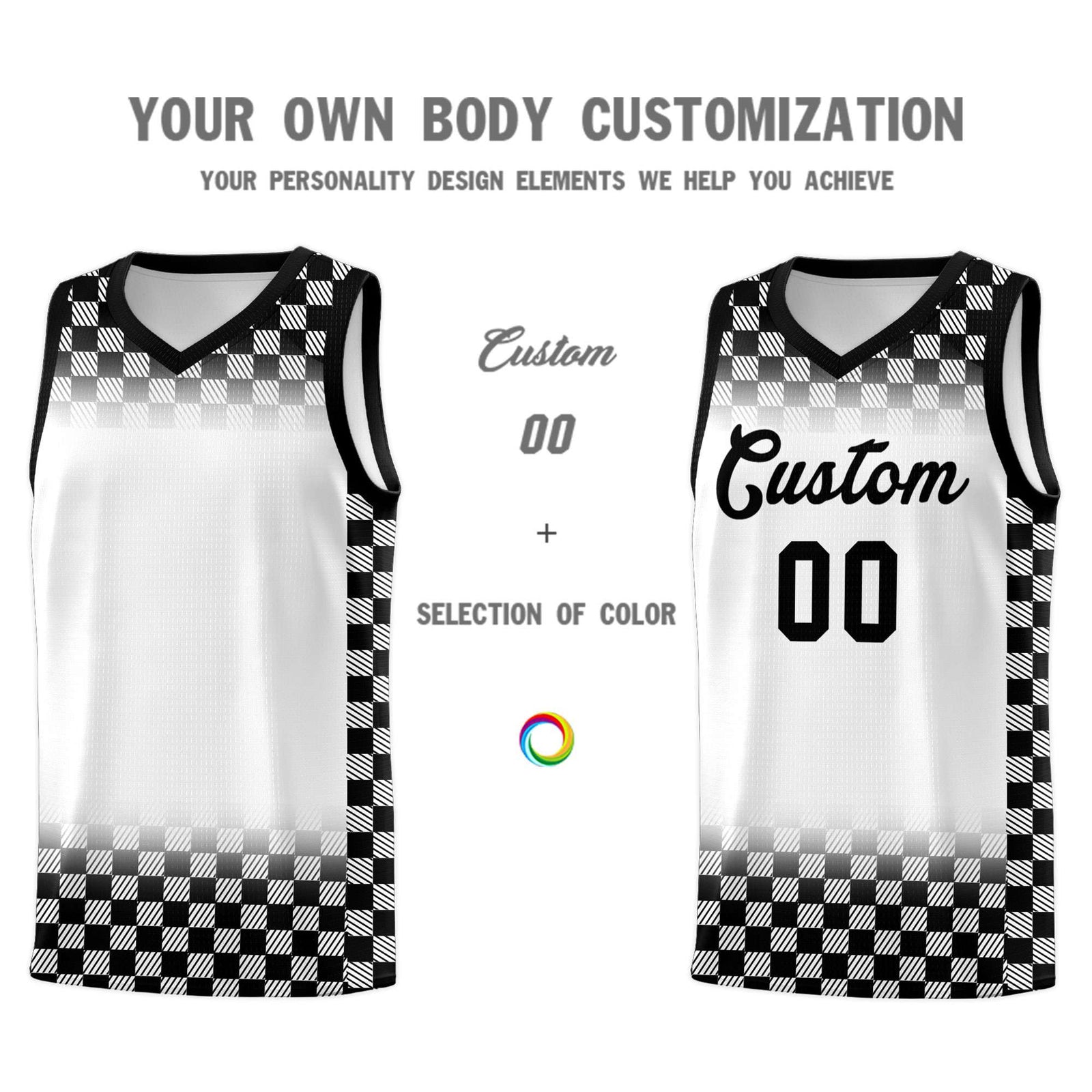 Custom White Black Classic Plaid Pattern Sports Uniform Basketball Jersey