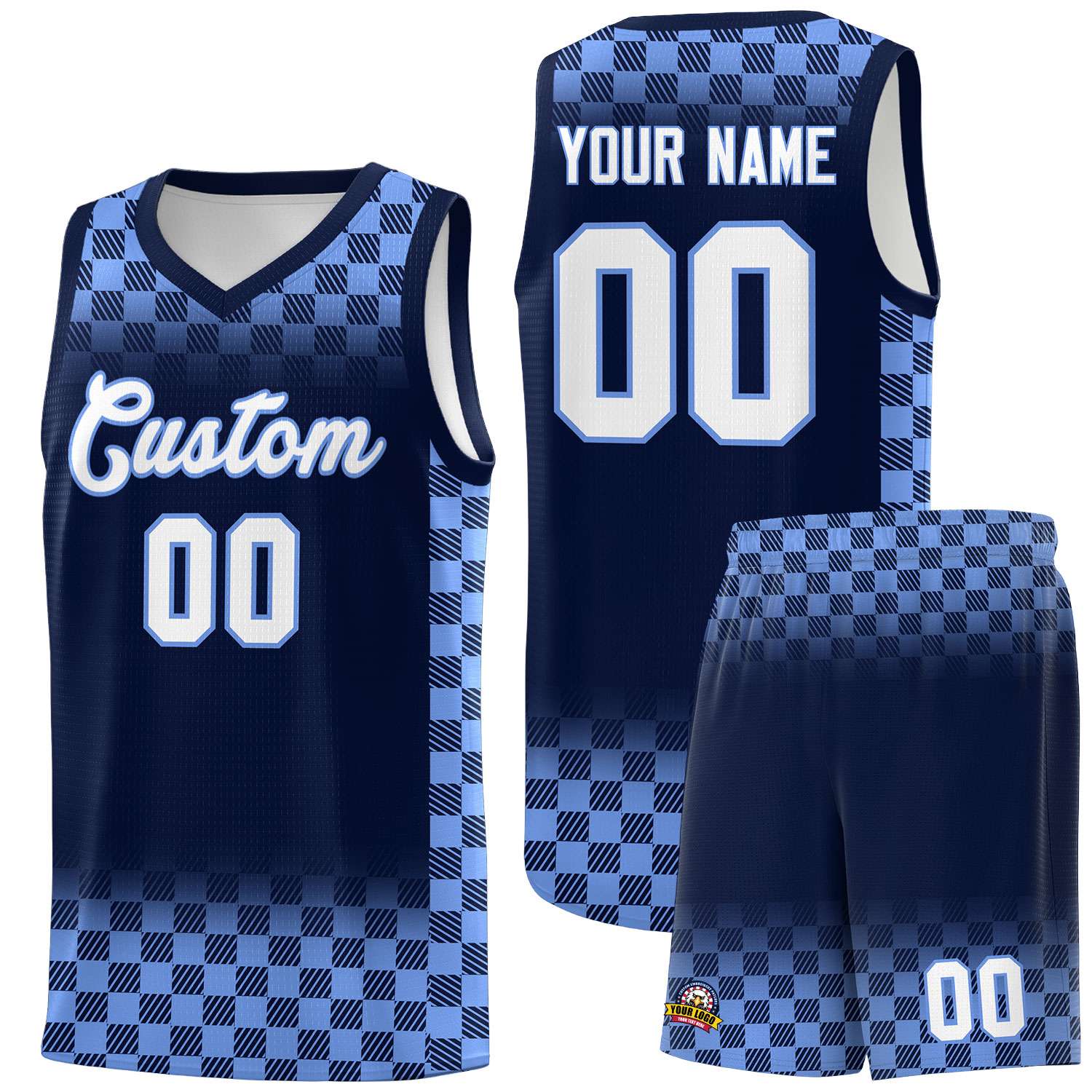 Custom Navy Light Blue Classic Plaid Pattern Sports Uniform Basketball Jersey