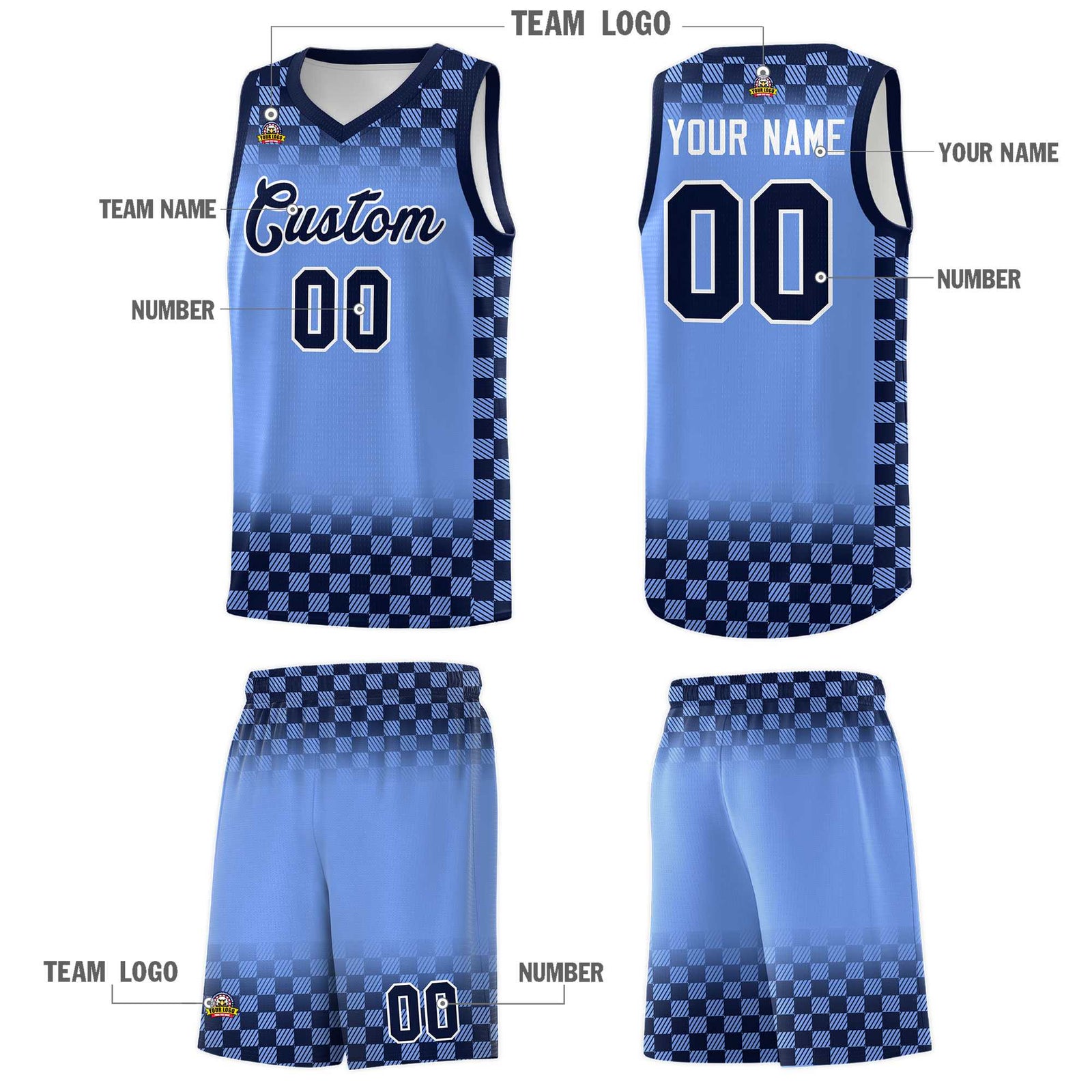 Custom Light Blue Navy Classic Plaid Pattern Sports Uniform Basketball Jersey