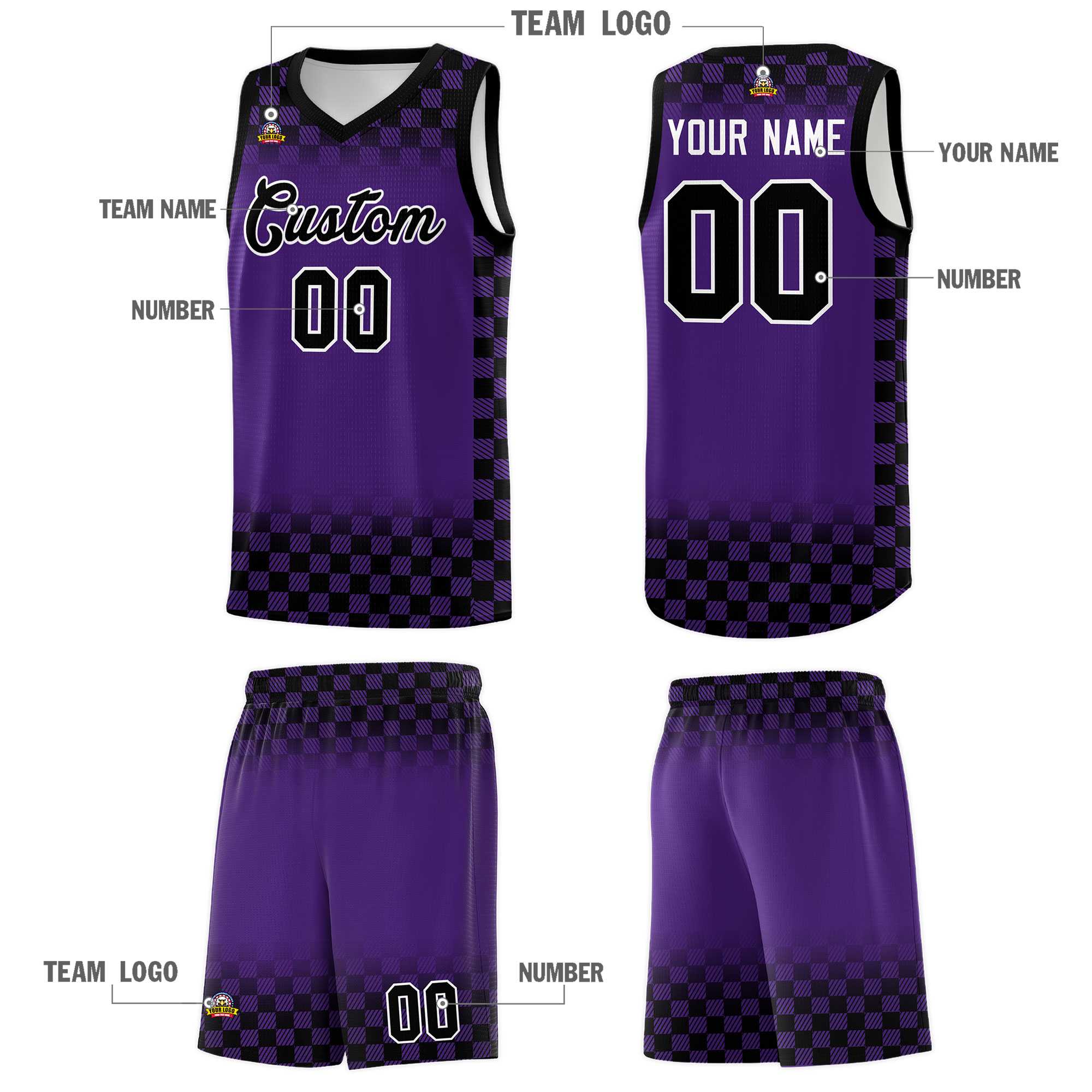 Custom Purple Black Classic Plaid Pattern Sports Uniform Basketball Jersey