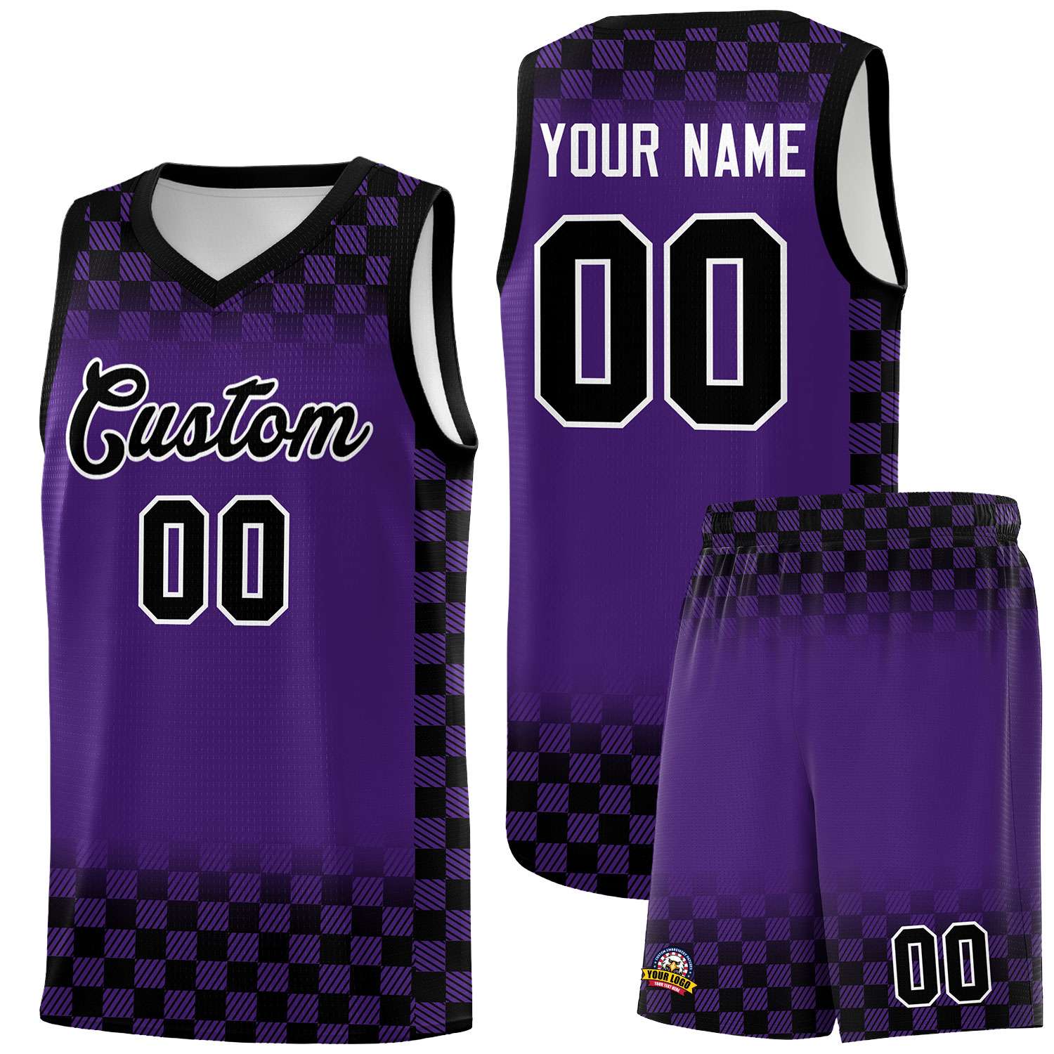 Custom Purple Black Classic Plaid Pattern Sports Uniform Basketball Jersey