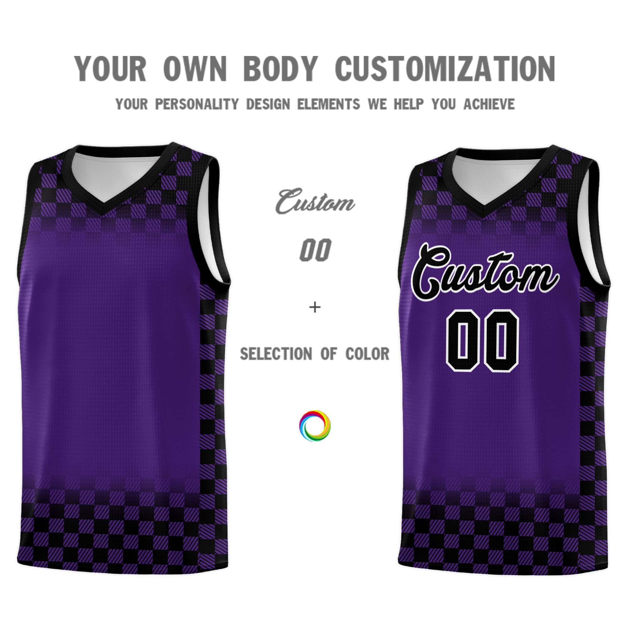 Custom Purple Black Classic Plaid Pattern Sports Uniform Basketball Jersey